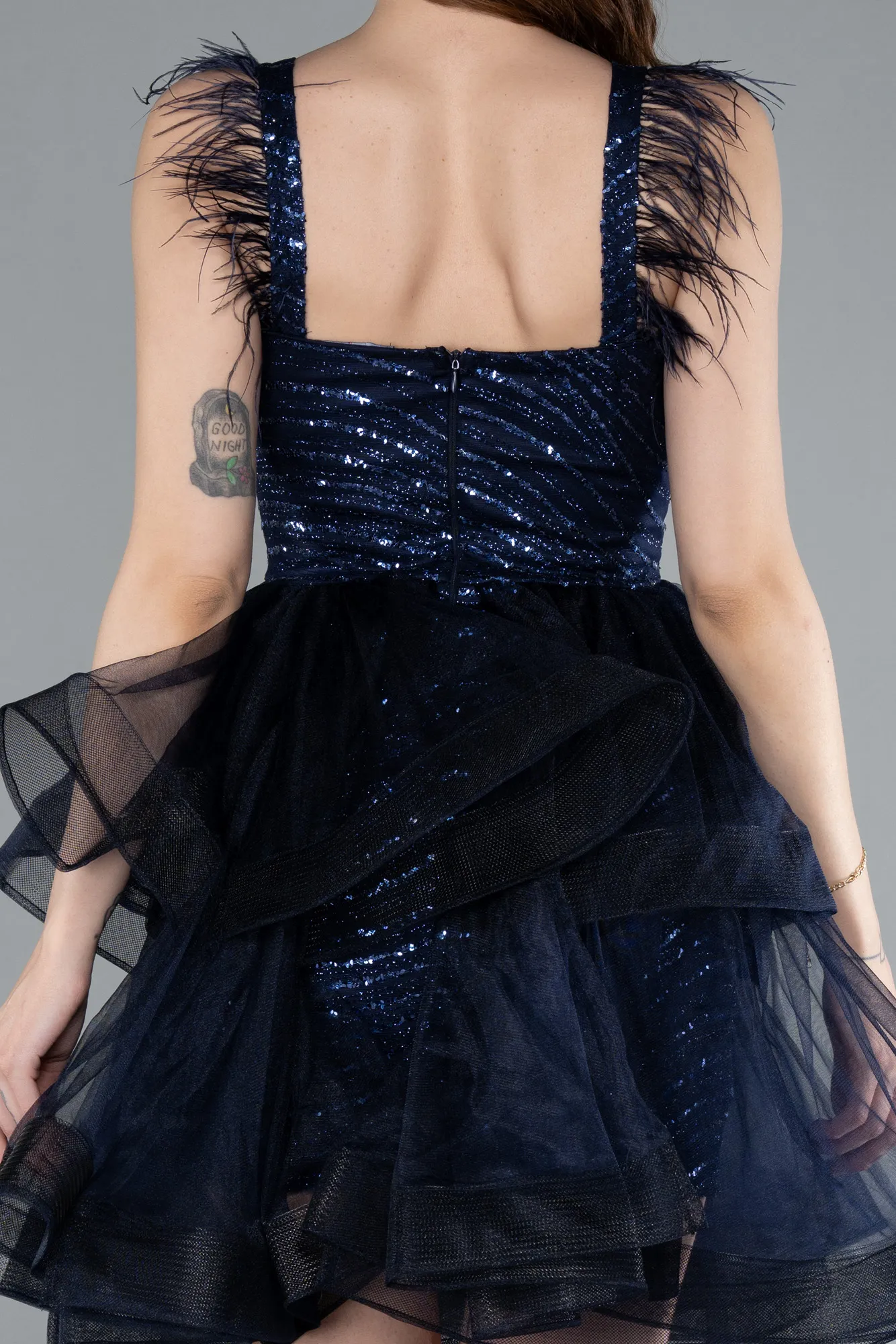 Navy Blue-Sequin Feather Straps Layered Tulle Mini Dress ABK2325