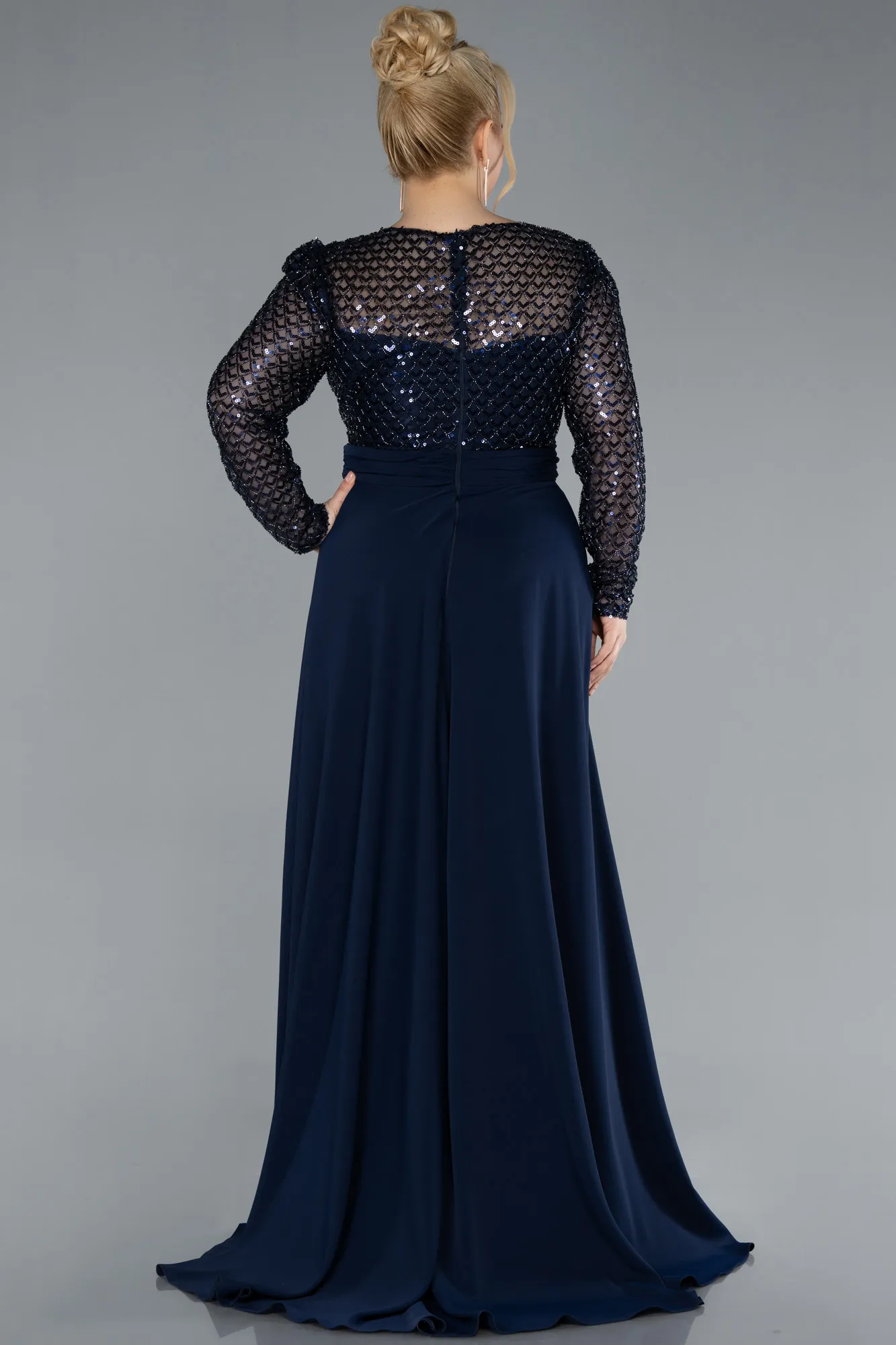 Navy Blue-Sequined Long Sleeve Tail Plus Size Evening Gown ABU4711