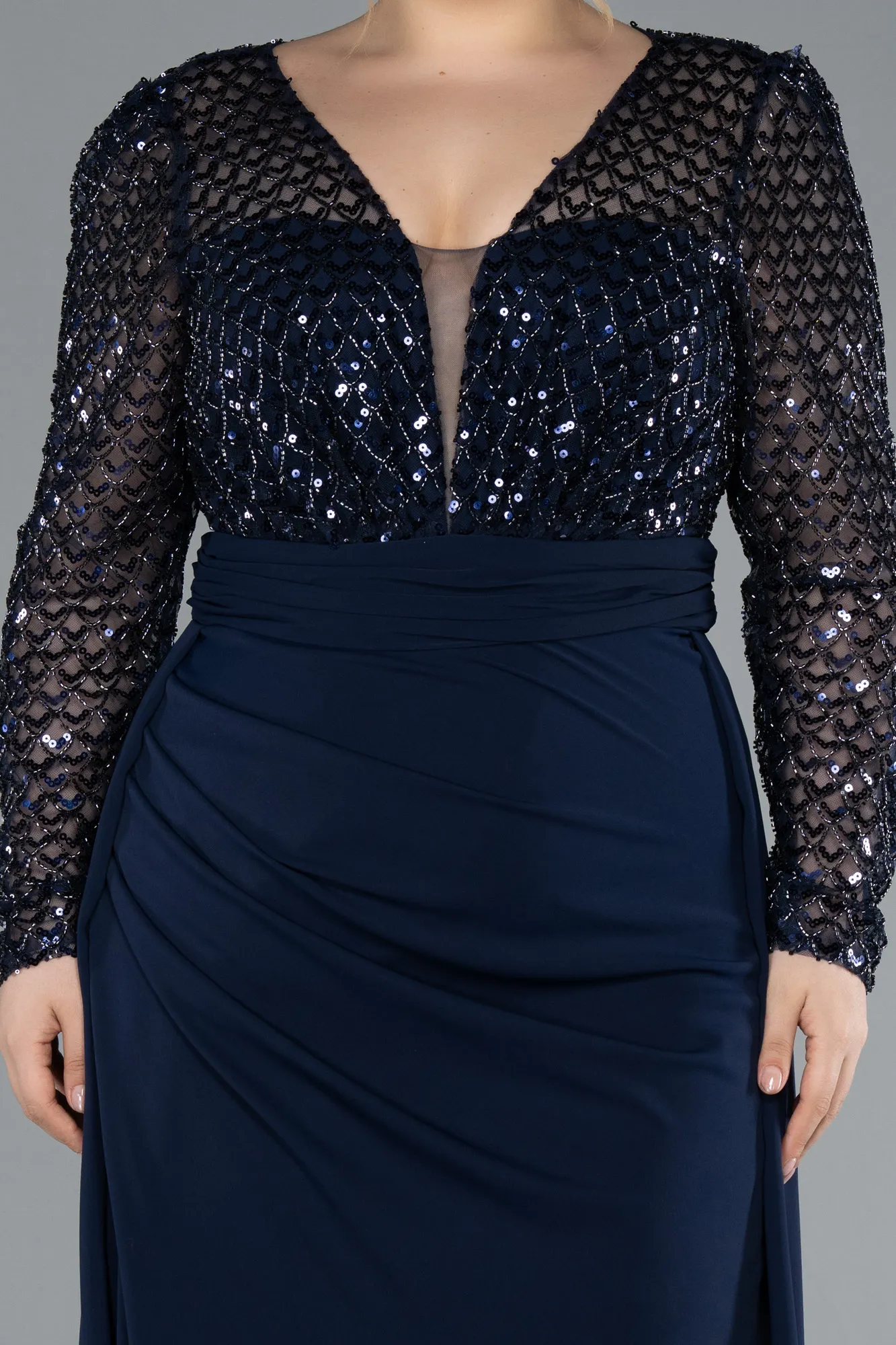 Navy Blue-Sequined Long Sleeve Tail Plus Size Evening Gown ABU4711