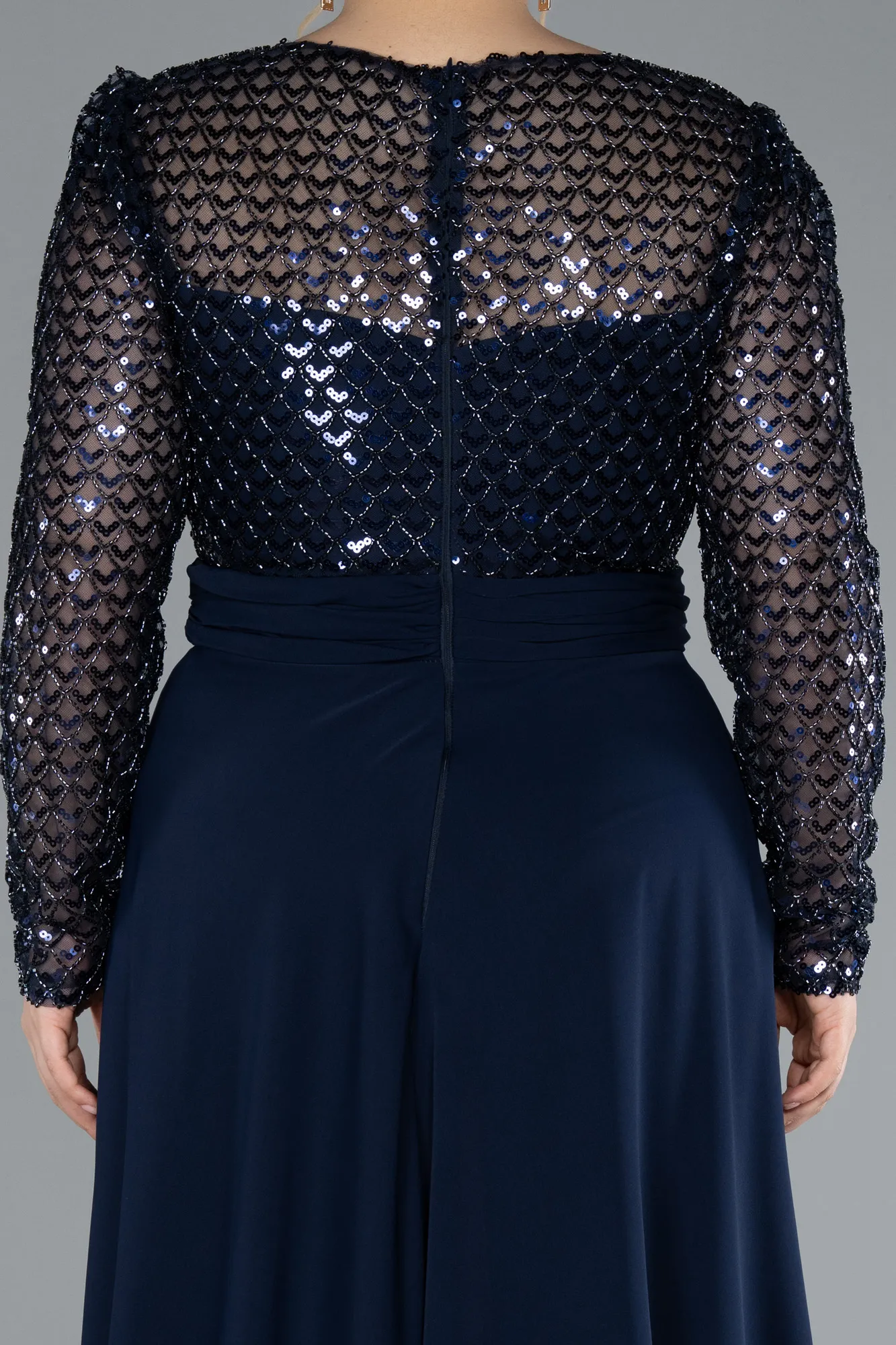 Navy Blue-Sequined Long Sleeve Tail Plus Size Evening Gown ABU4711