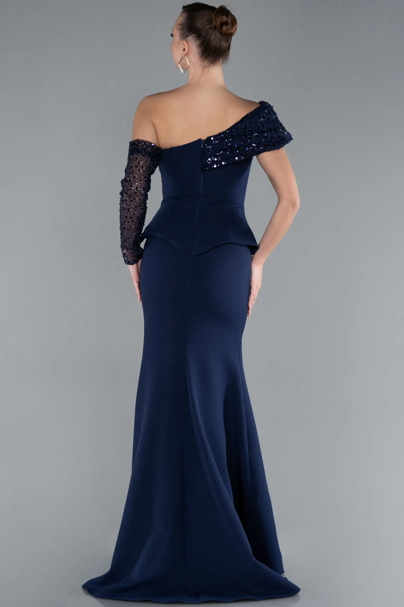 Navy Blue-Sequined One Shoulder Peplum Long Evening Gown ABU4730