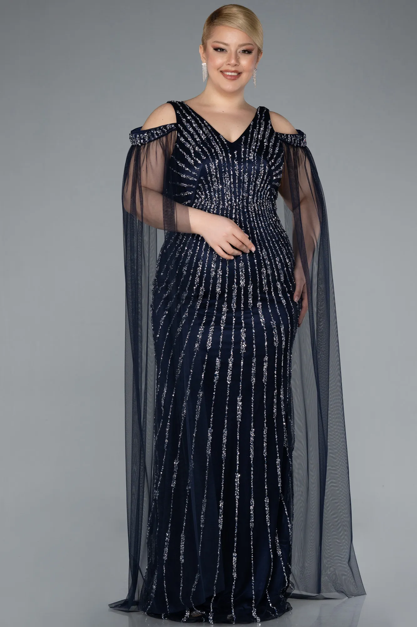 Navy Blue-Shawl Sleeve V Neck Stoned Plus Size Evening Gown ABU4818