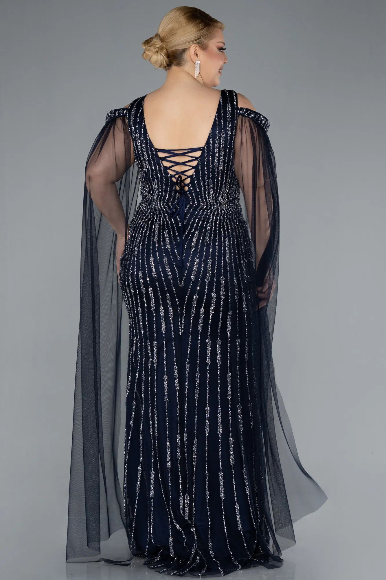 Navy Blue-Shawl Sleeve V Neck Stoned Plus Size Evening Gown ABU4818