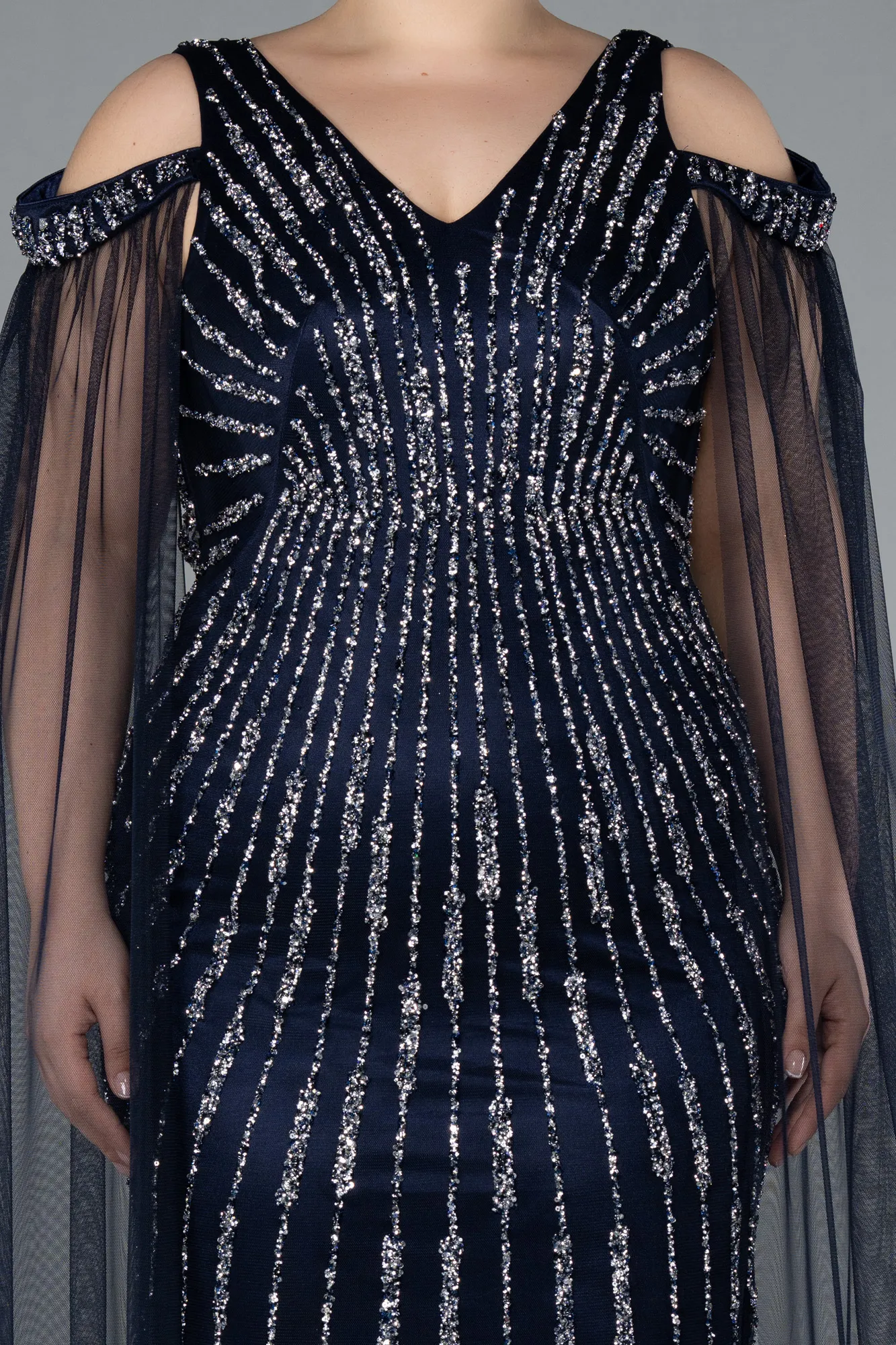 Navy Blue-Shawl Sleeve V Neck Stoned Plus Size Evening Gown ABU4818