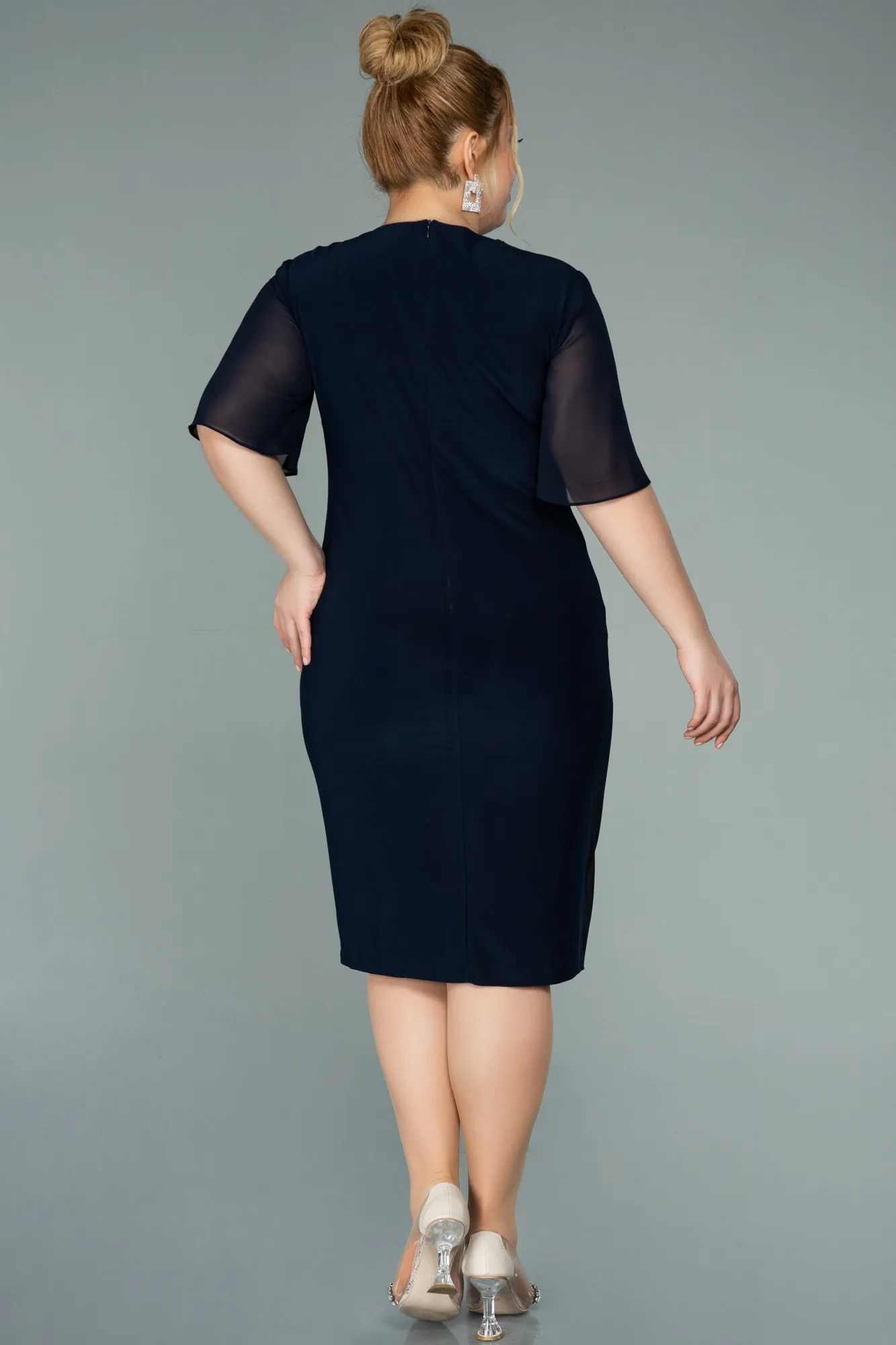 Navy Blue-Short Chiffon Plus Size Evening Dress ABK1299