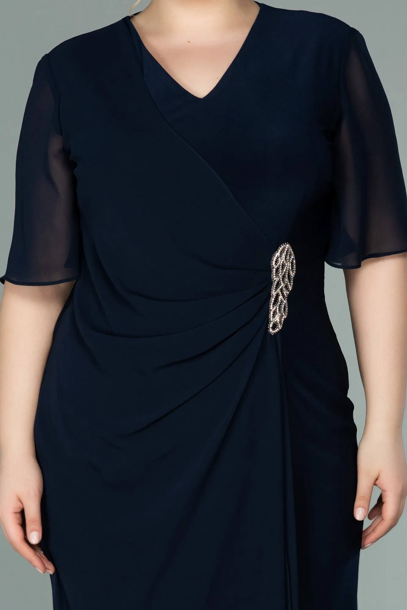 Navy Blue-Short Chiffon Plus Size Evening Dress ABK1299