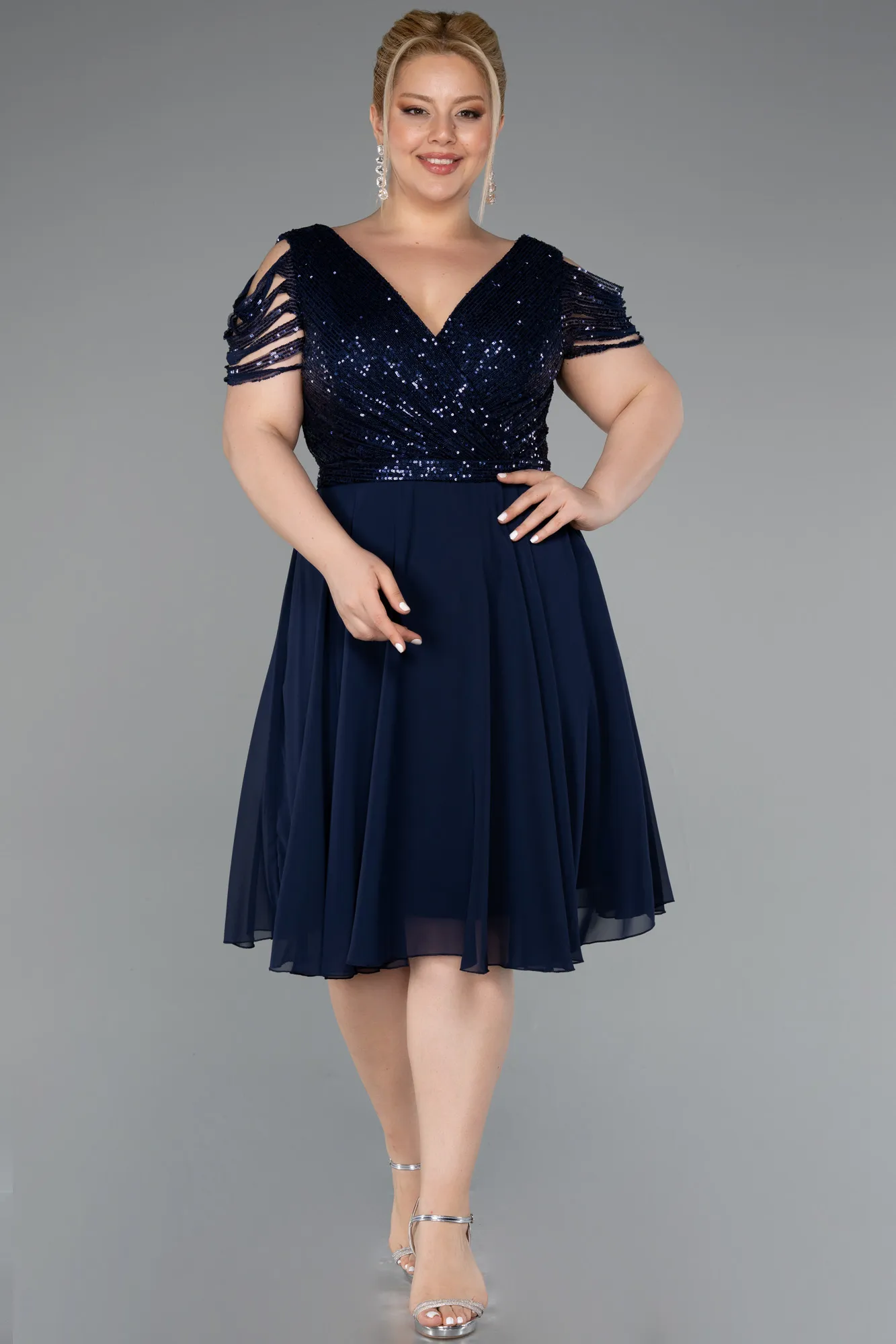Navy Blue-Short Chiffon Plus Size Evening Dress ABK1376