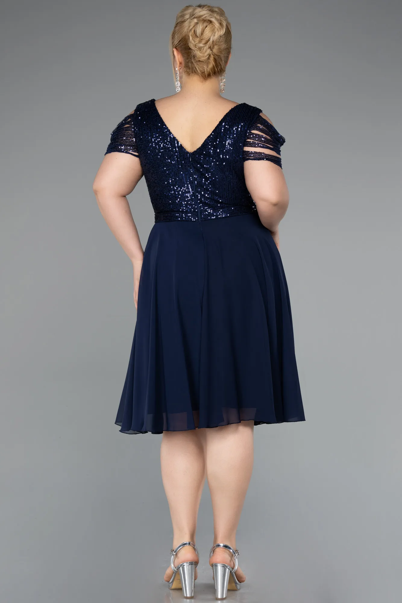Navy Blue-Short Chiffon Plus Size Evening Dress ABK1376