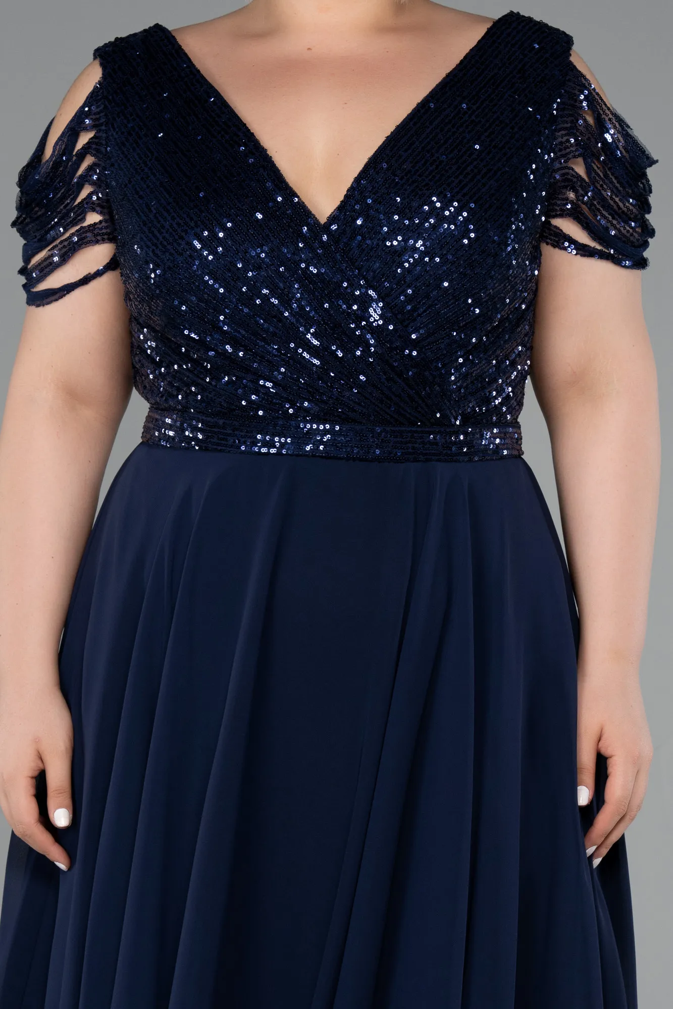 Navy Blue-Short Chiffon Plus Size Evening Dress ABK1376