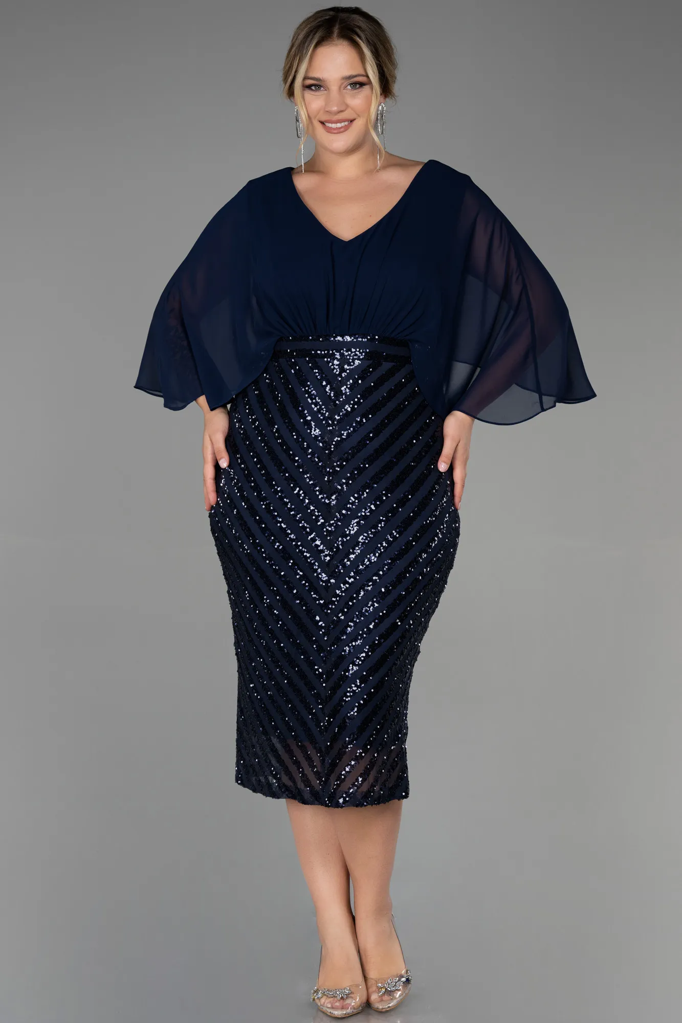 Navy Blue-Short Chiffon Plus Size Evening Dress ABK1852