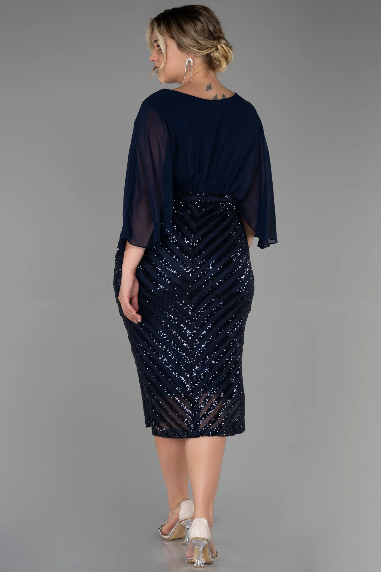 Navy Blue-Short Chiffon Plus Size Evening Dress ABK1852