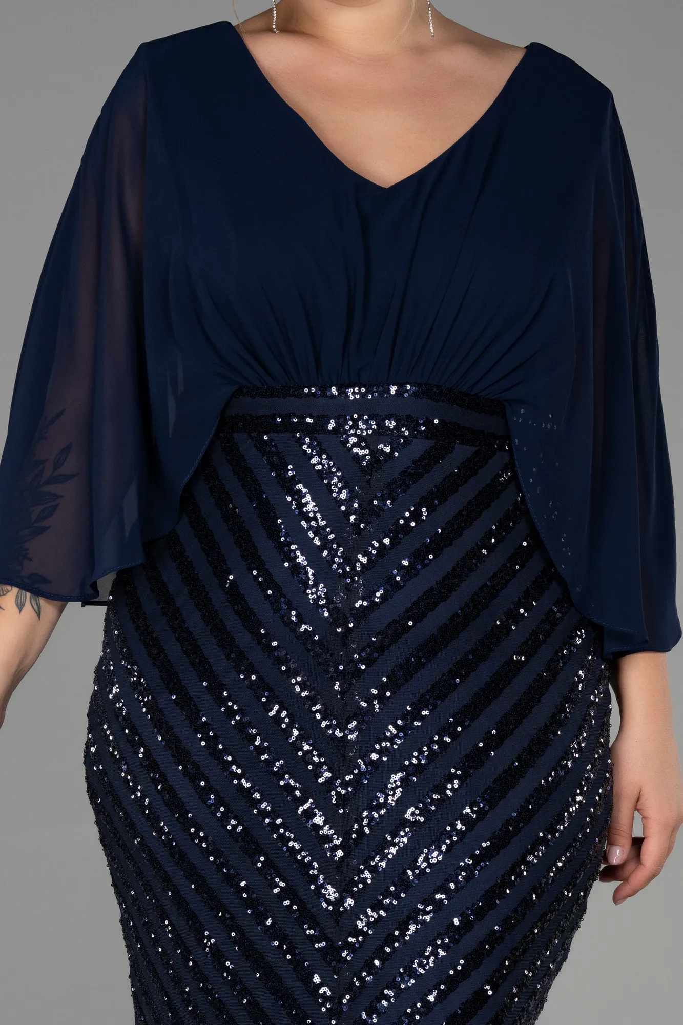 Navy Blue-Short Chiffon Plus Size Evening Dress ABK1852