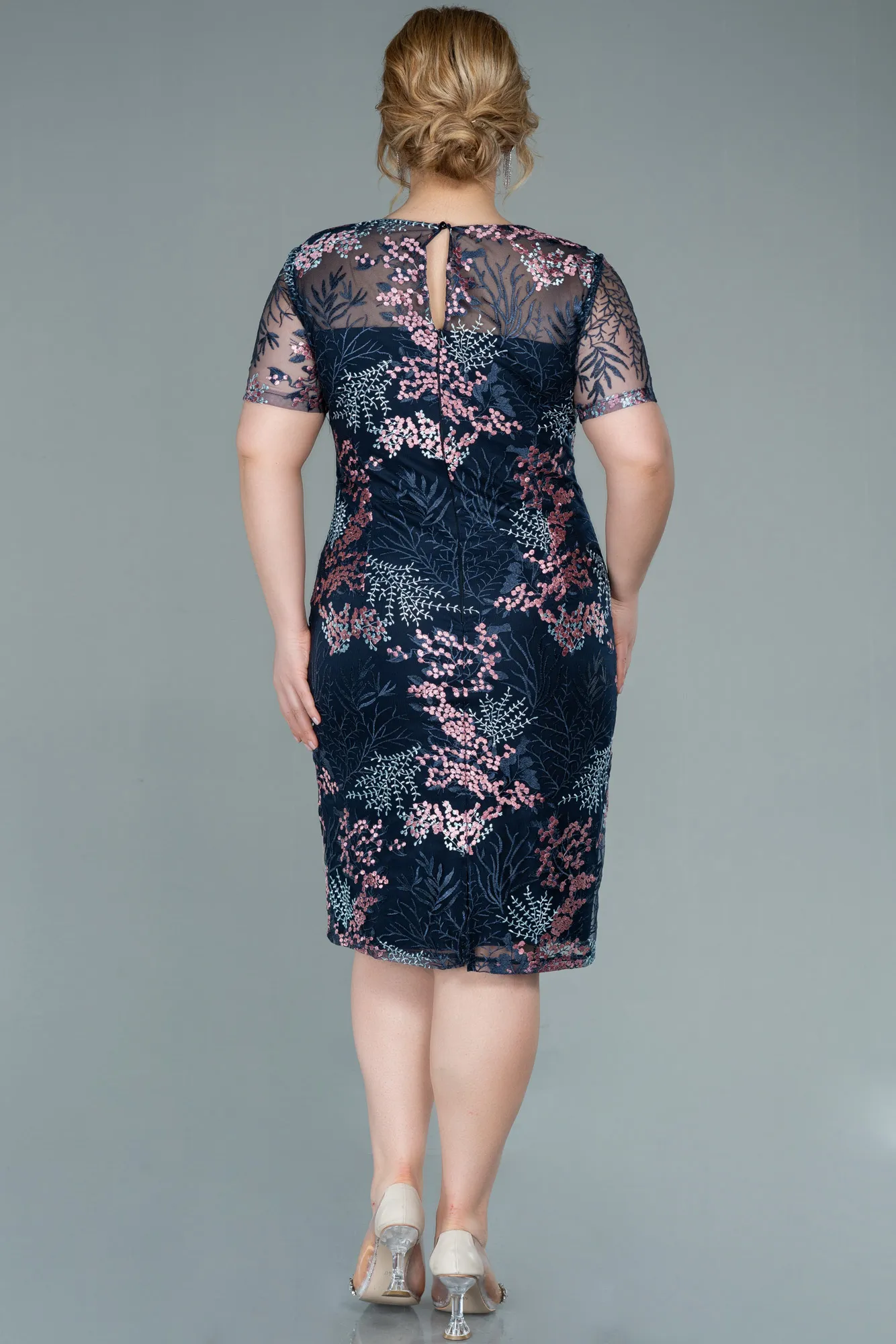 Navy Blue-Short Laced Plus Size Evening Dress ABK1400