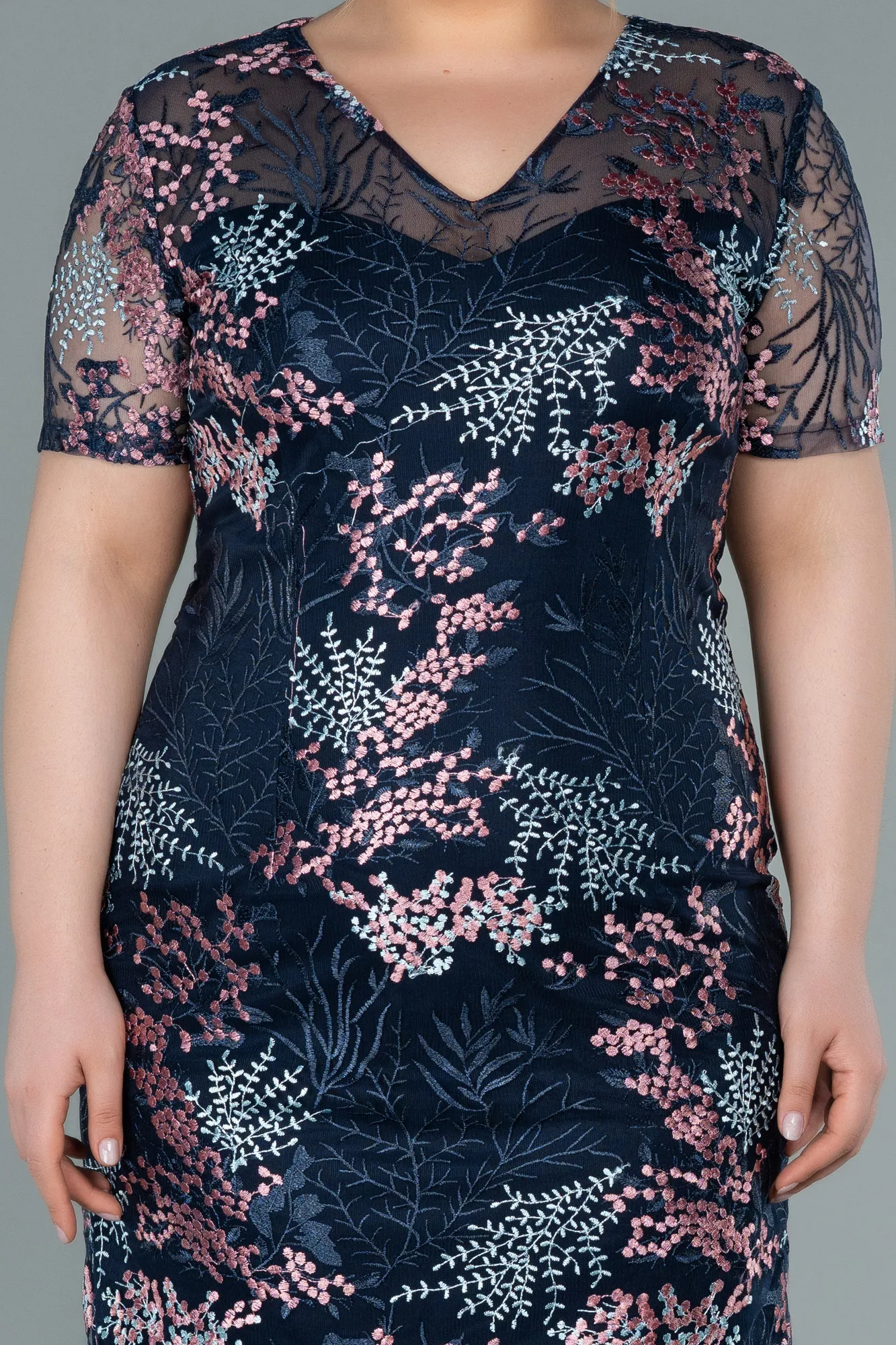 Navy Blue-Short Laced Plus Size Evening Dress ABK1400