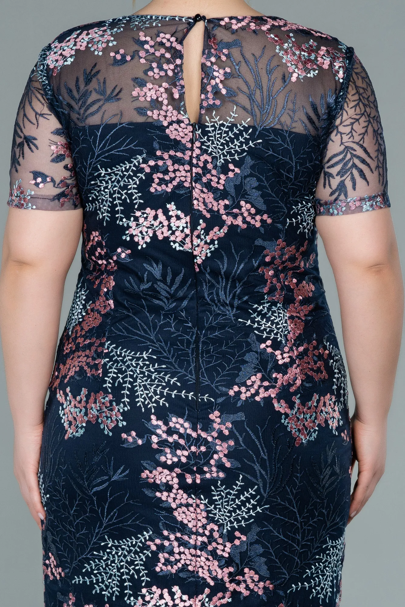 Navy Blue-Short Laced Plus Size Evening Dress ABK1400