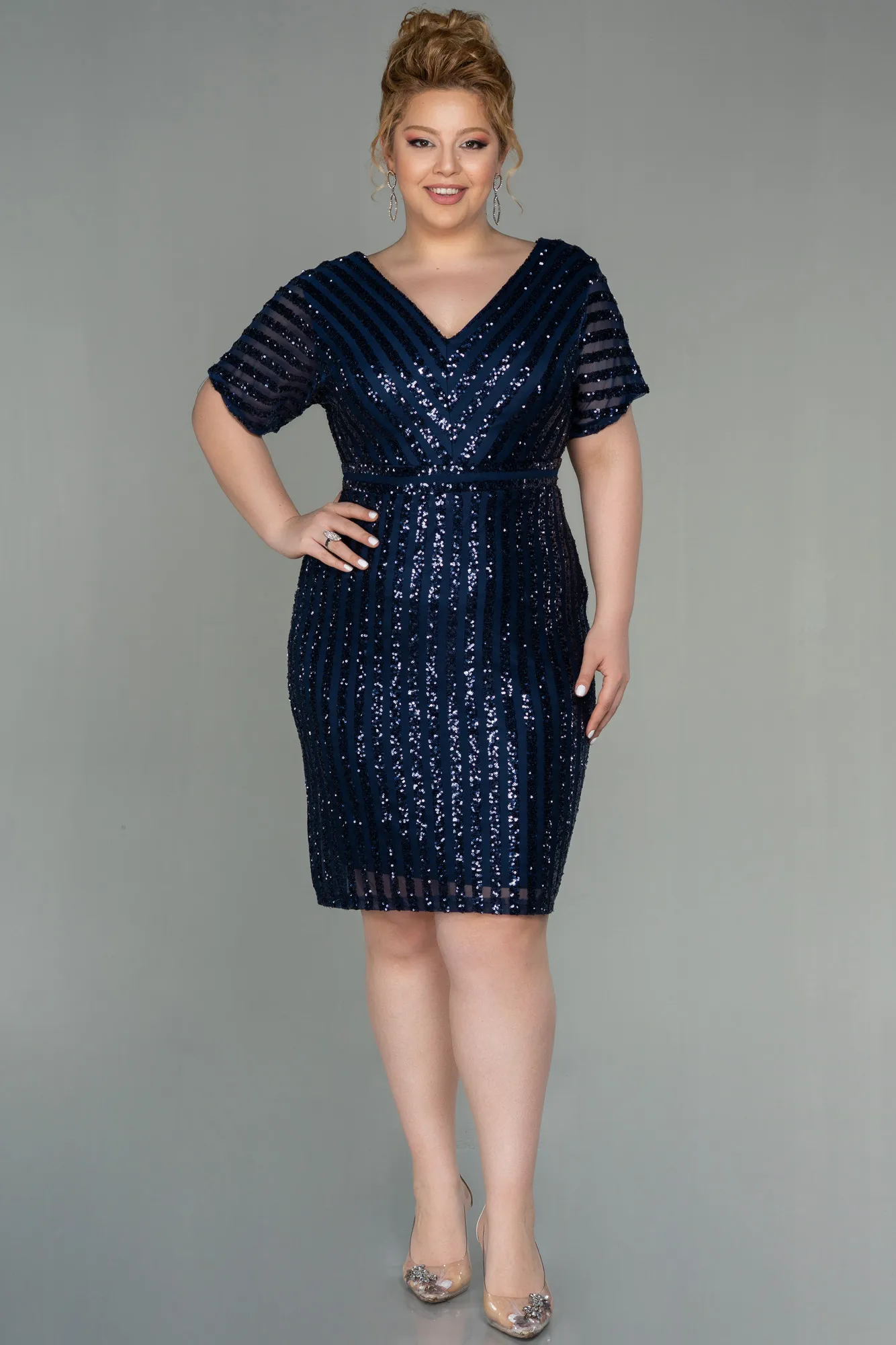 Navy Blue-Short Plus Size Evening Dress ABK686