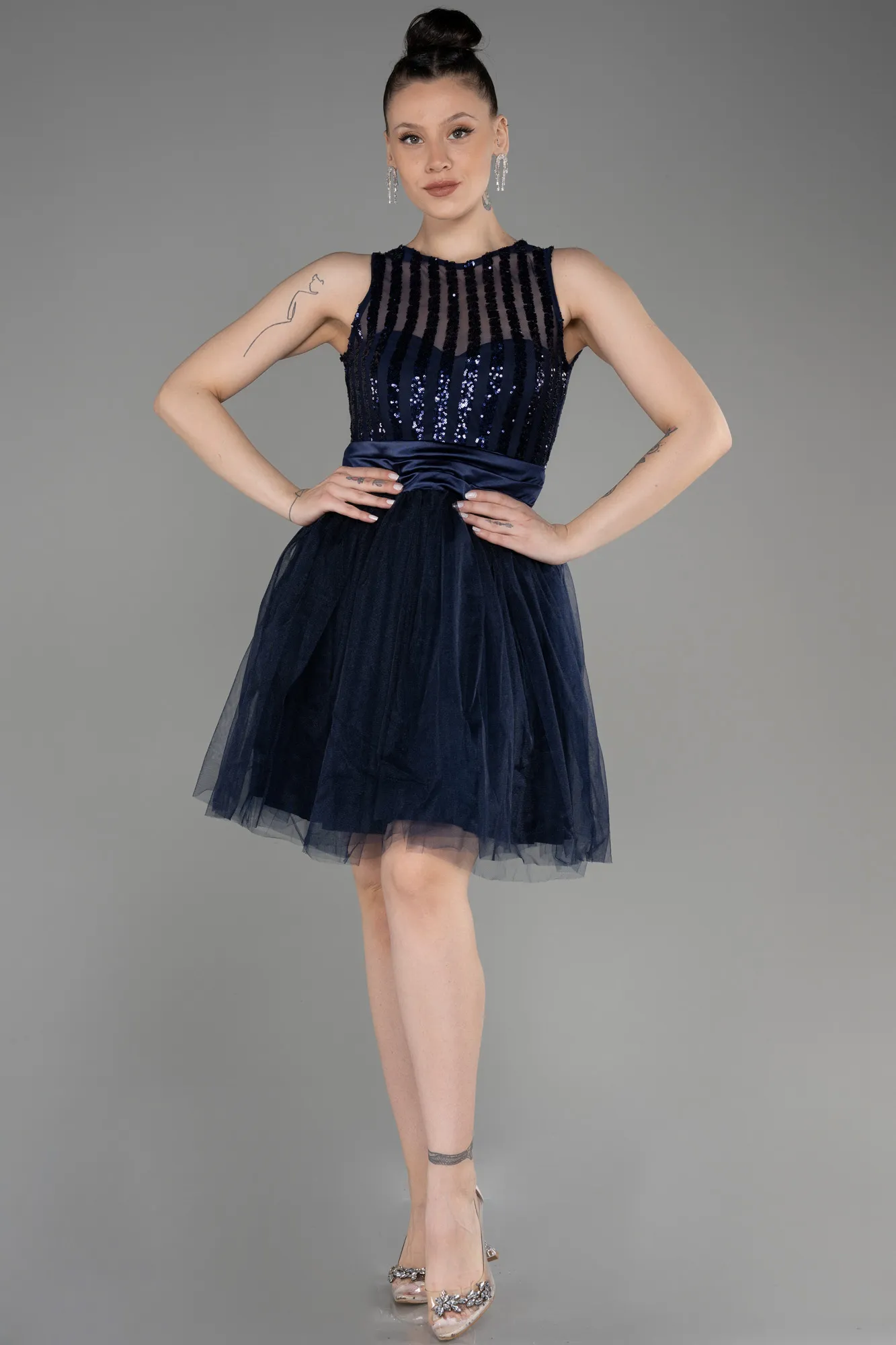 Navy Blue-Short Prom Gown ABK2016
