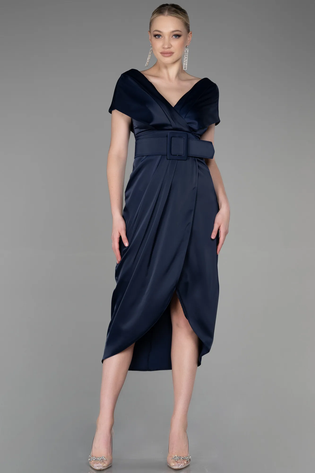 Navy Blue-Short Satin Invitation Dress ABK1107