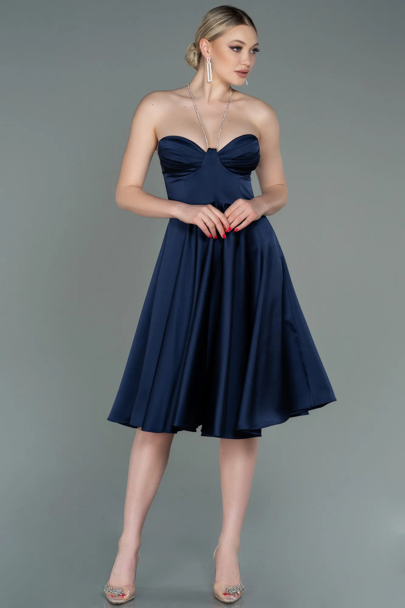 Navy Blue-Short Satin Invitation Dress ABK1734
