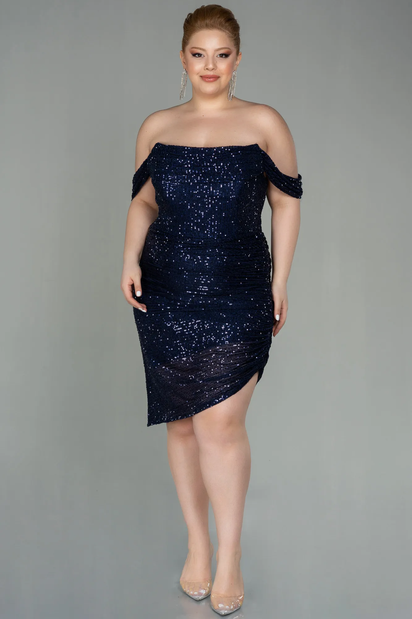 Navy Blue-Short Scaly Plus Size Evening Dress ABK1603