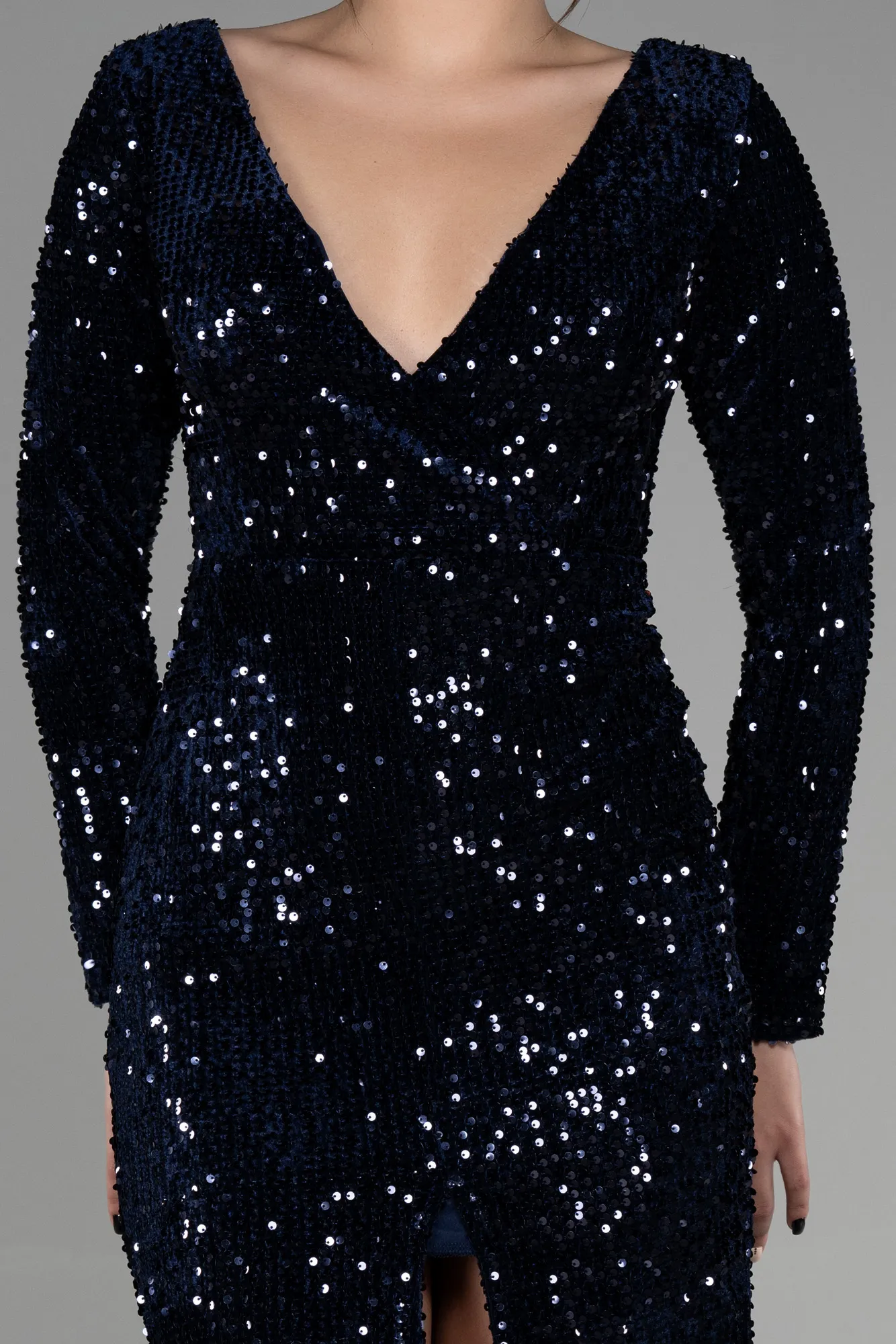 Navy Blue-Short Sequined Velvet Invitation Dress ABK1158