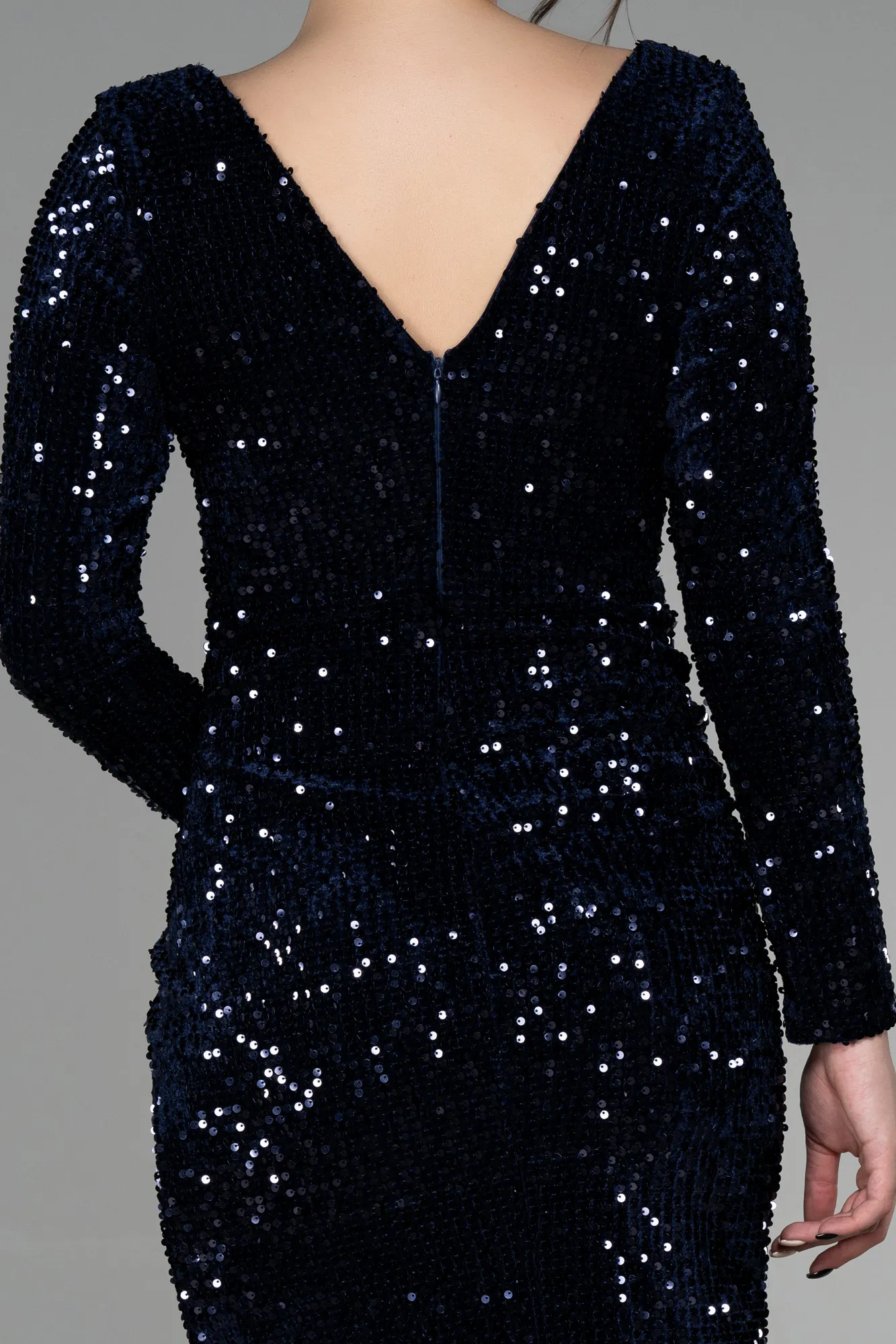 Navy Blue-Short Sequined Velvet Invitation Dress ABK1158