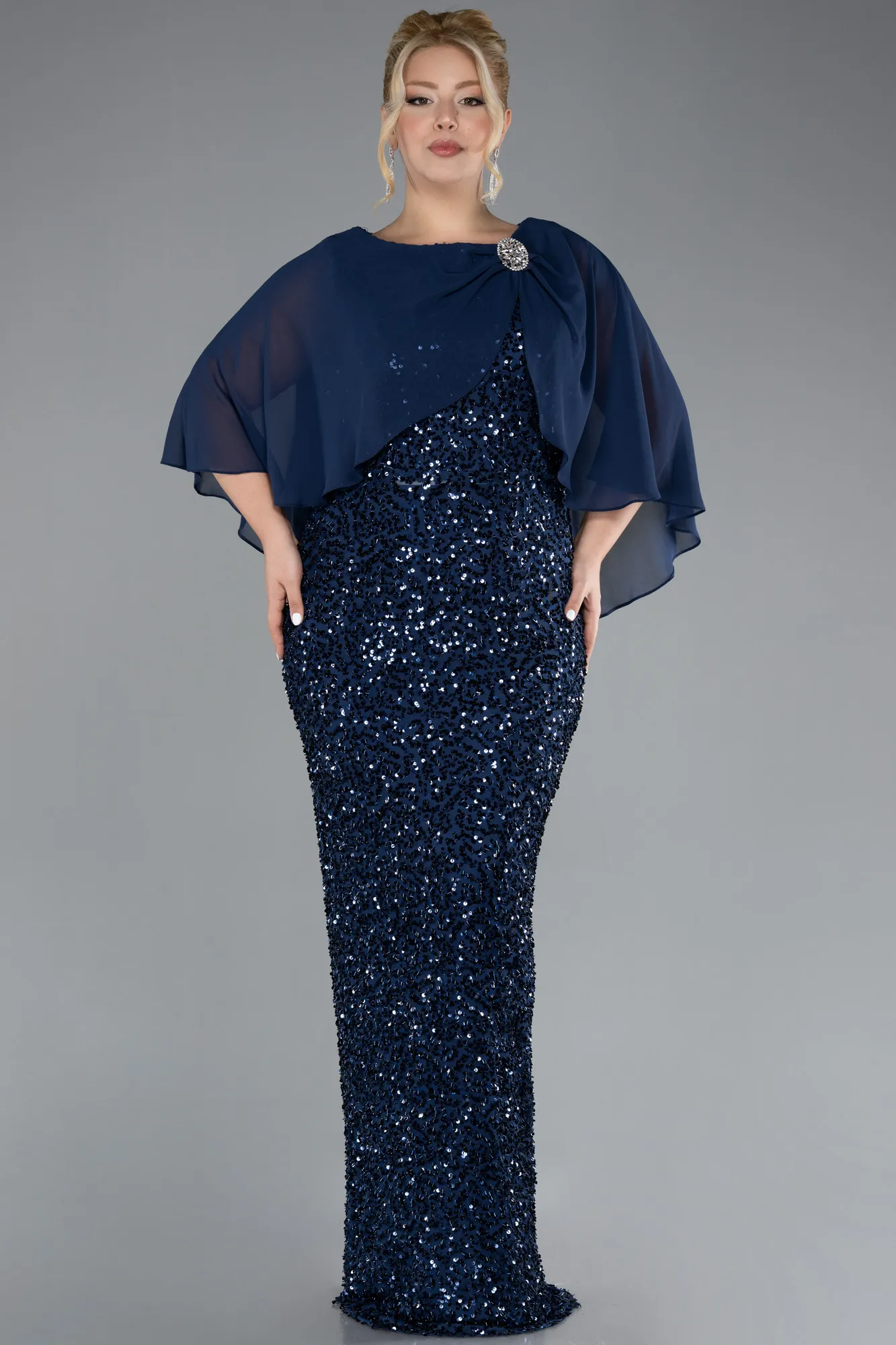Navy Blue-Short Shawl Sleeve Long Scaly Plus Size Evening Gown ABU4354