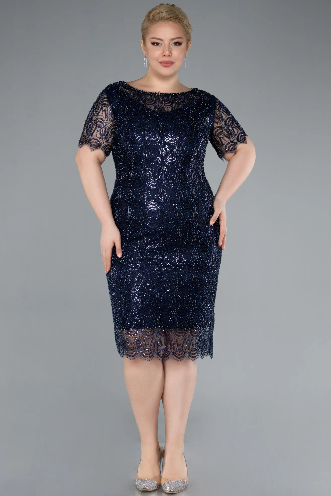 Navy Blue-Short Sleeve Beaded Midi Evening Gown ABK2330