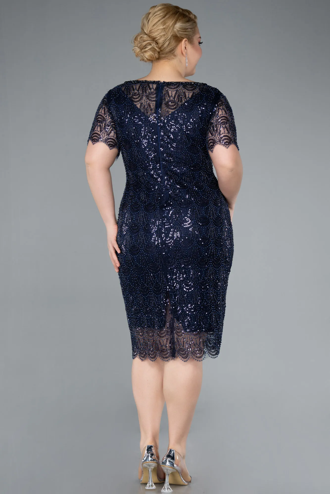Navy Blue-Short Sleeve Beaded Midi Evening Gown ABK2330