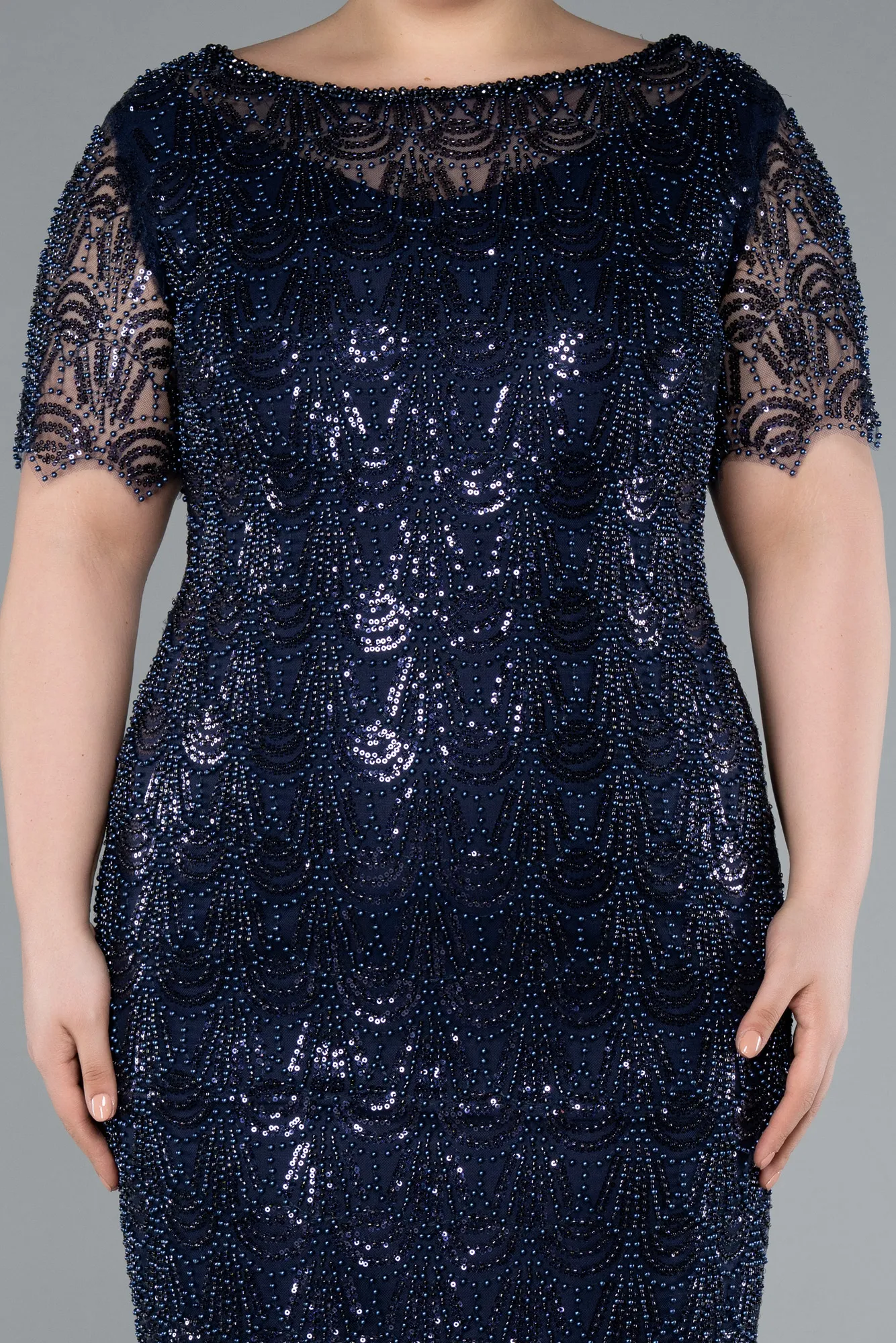 Navy Blue-Short Sleeve Beaded Midi Evening Gown ABK2330