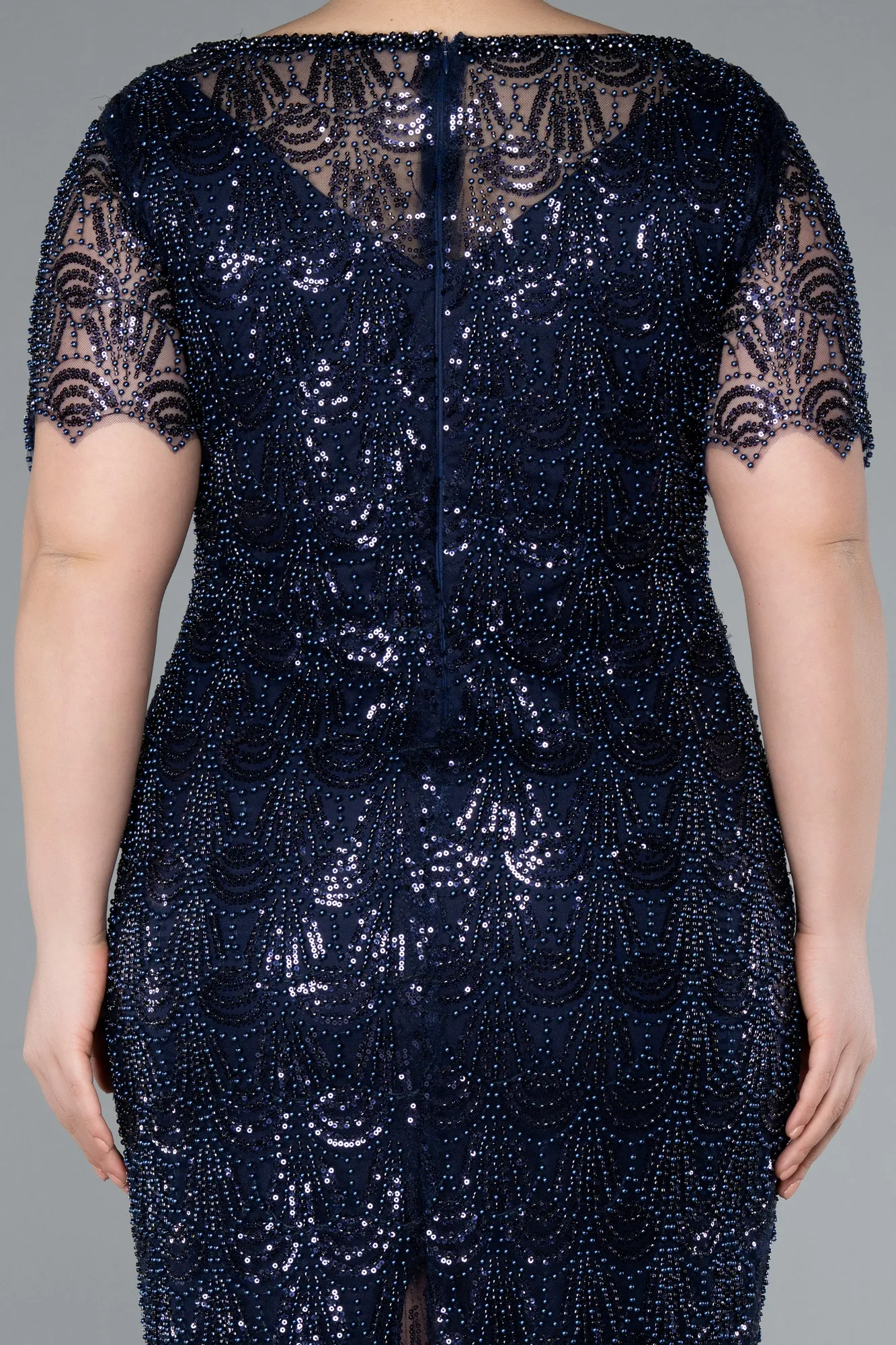 Navy Blue-Short Sleeve Beaded Midi Evening Gown ABK2330