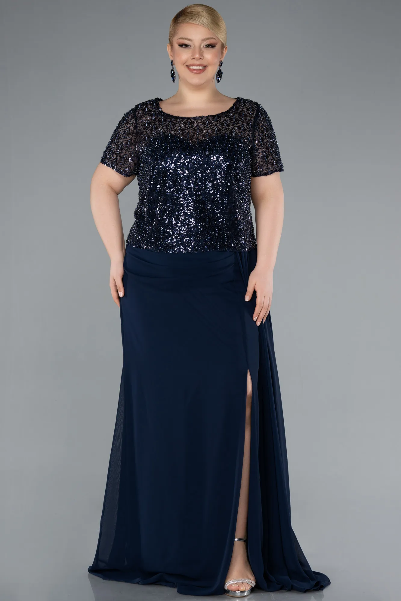 Navy Blue-Short Sleeve Beaded Slit Long Plus Size Chiffon Evening Gown ABU4806