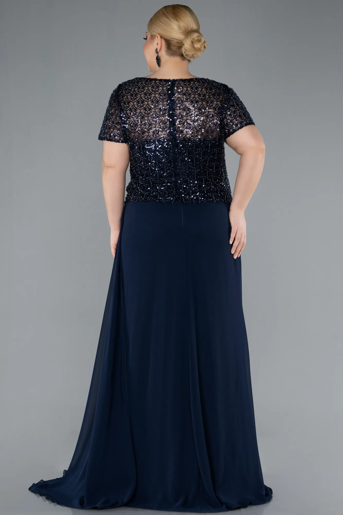 Navy Blue-Short Sleeve Beaded Slit Long Plus Size Chiffon Evening Gown ABU4806