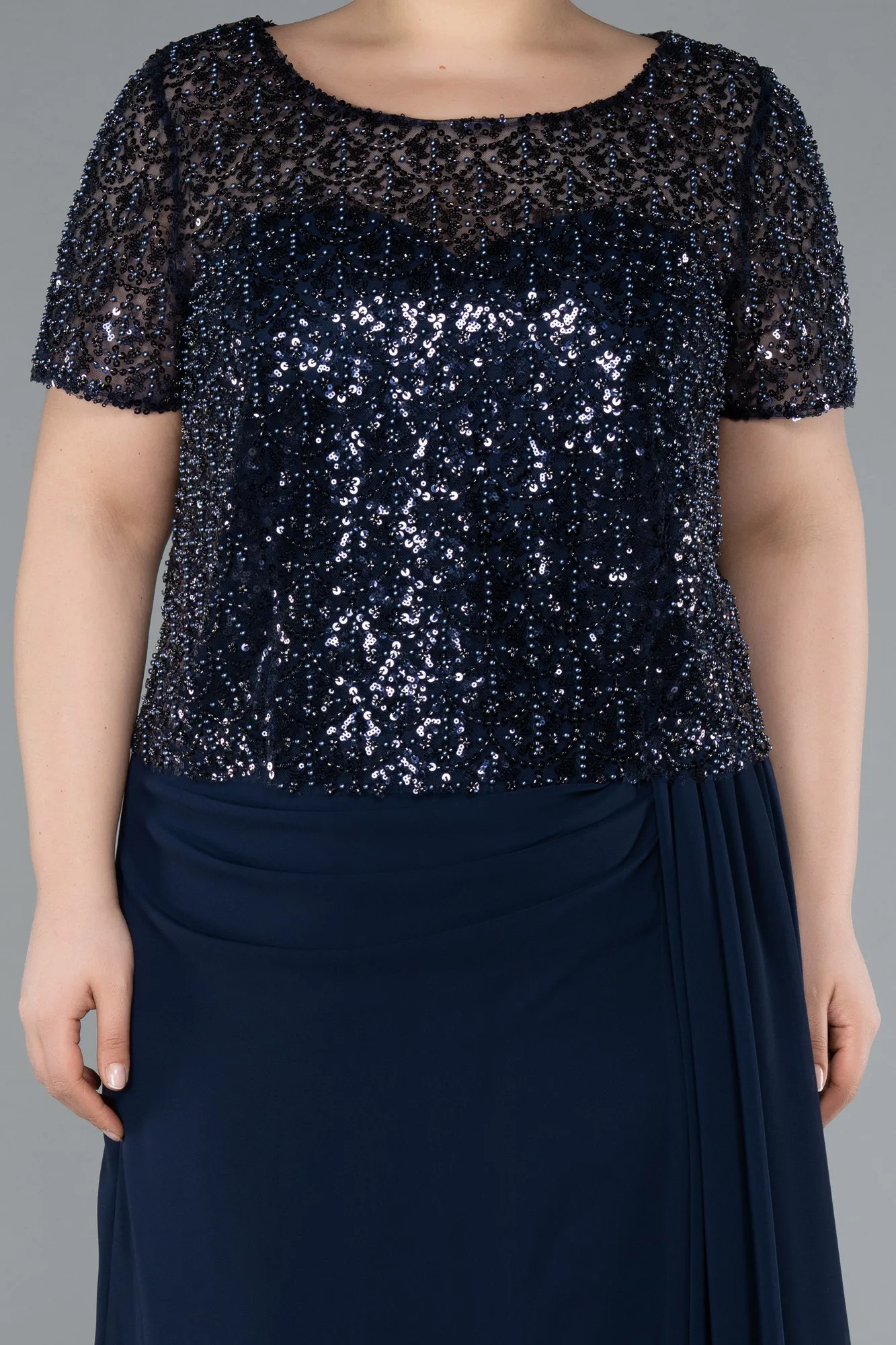 Navy Blue-Short Sleeve Beaded Slit Long Plus Size Chiffon Evening Gown ABU4806