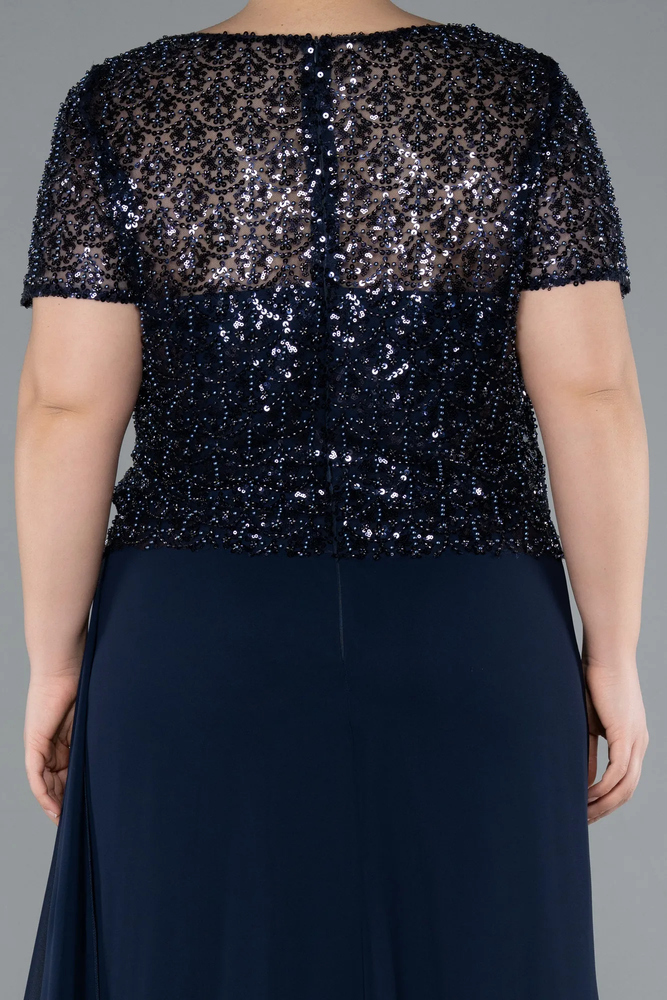 Navy Blue-Short Sleeve Beaded Slit Long Plus Size Chiffon Evening Gown ABU4806