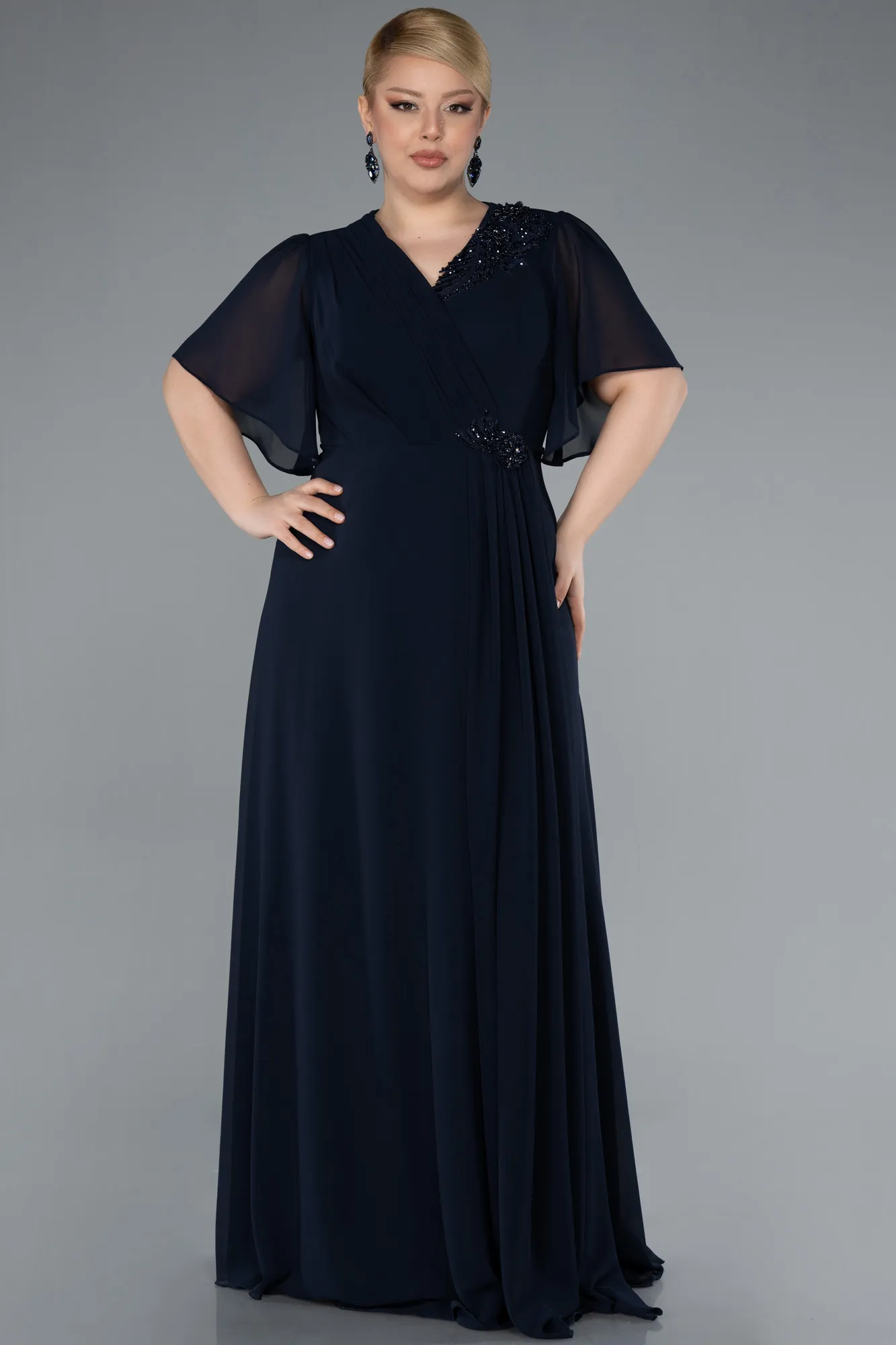 Navy Blue-Short Sleeve Chiffon Long Plus Size Evening Dress ABU4794