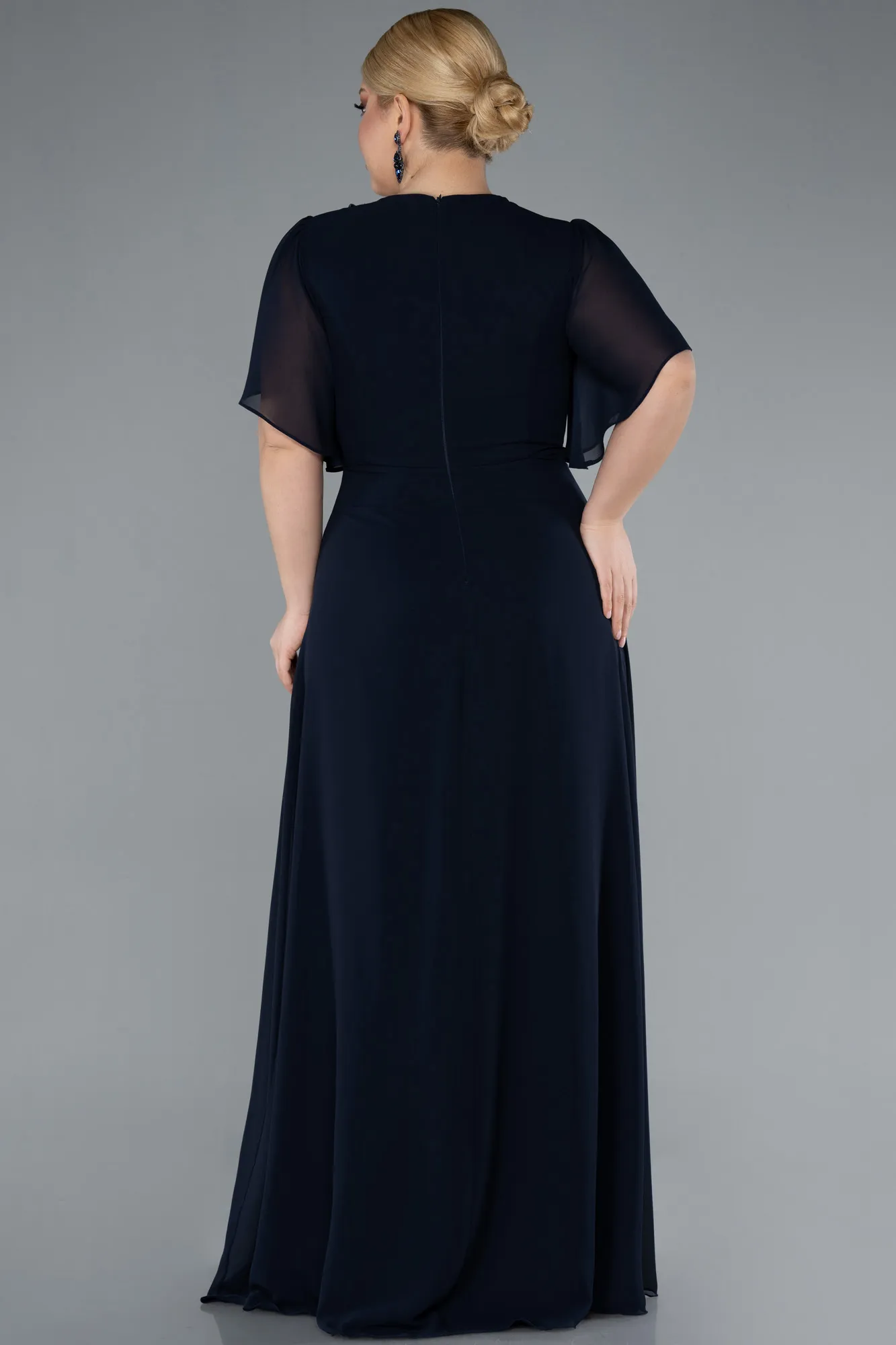 Navy Blue-Short Sleeve Chiffon Long Plus Size Evening Dress ABU4794