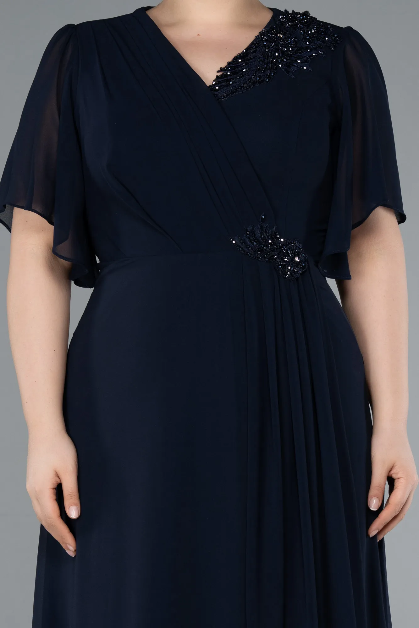 Navy Blue-Short Sleeve Chiffon Long Plus Size Evening Dress ABU4794