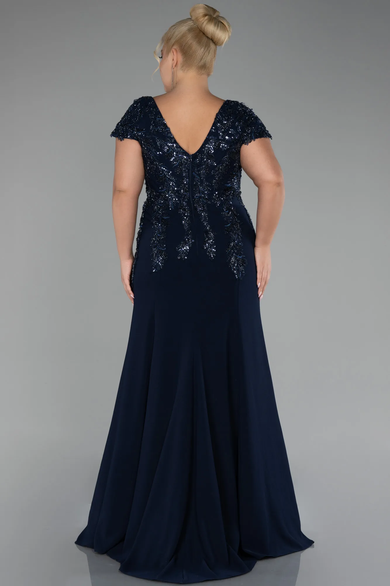 Navy Blue-Short Sleeve Embroidered Long Plus Size Evening Gown ABU4191