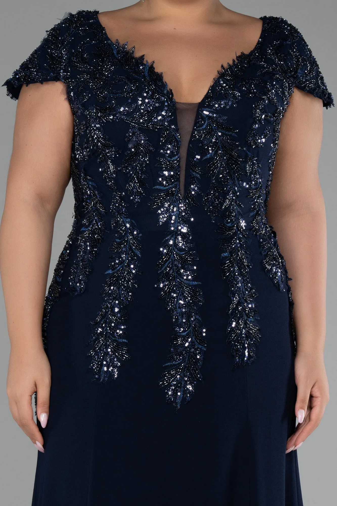 Navy Blue-Short Sleeve Embroidered Long Plus Size Evening Gown ABU4191