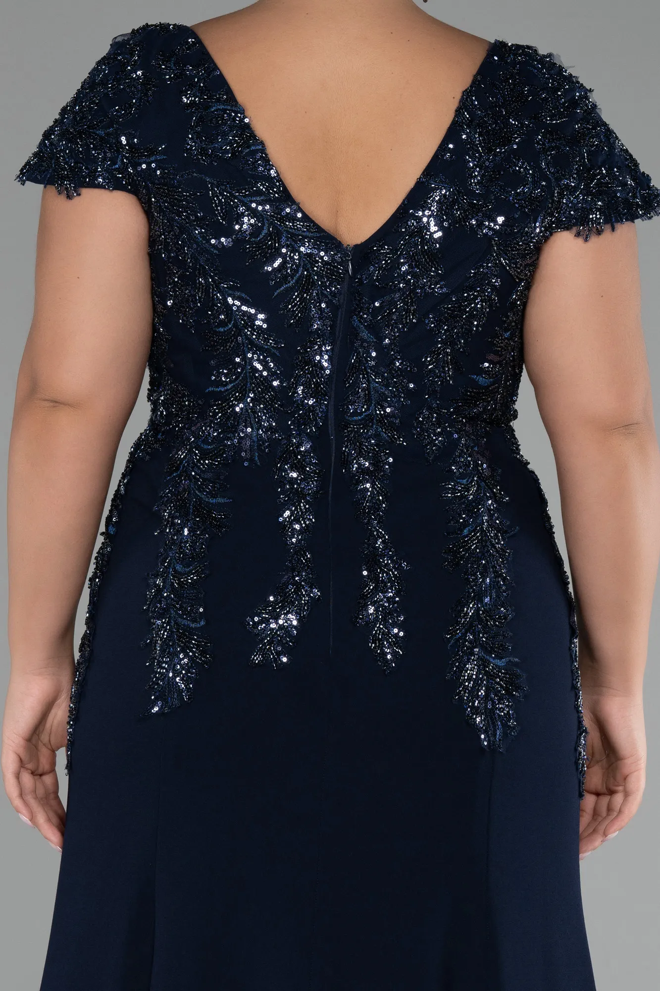 Navy Blue-Short Sleeve Embroidered Long Plus Size Evening Gown ABU4191