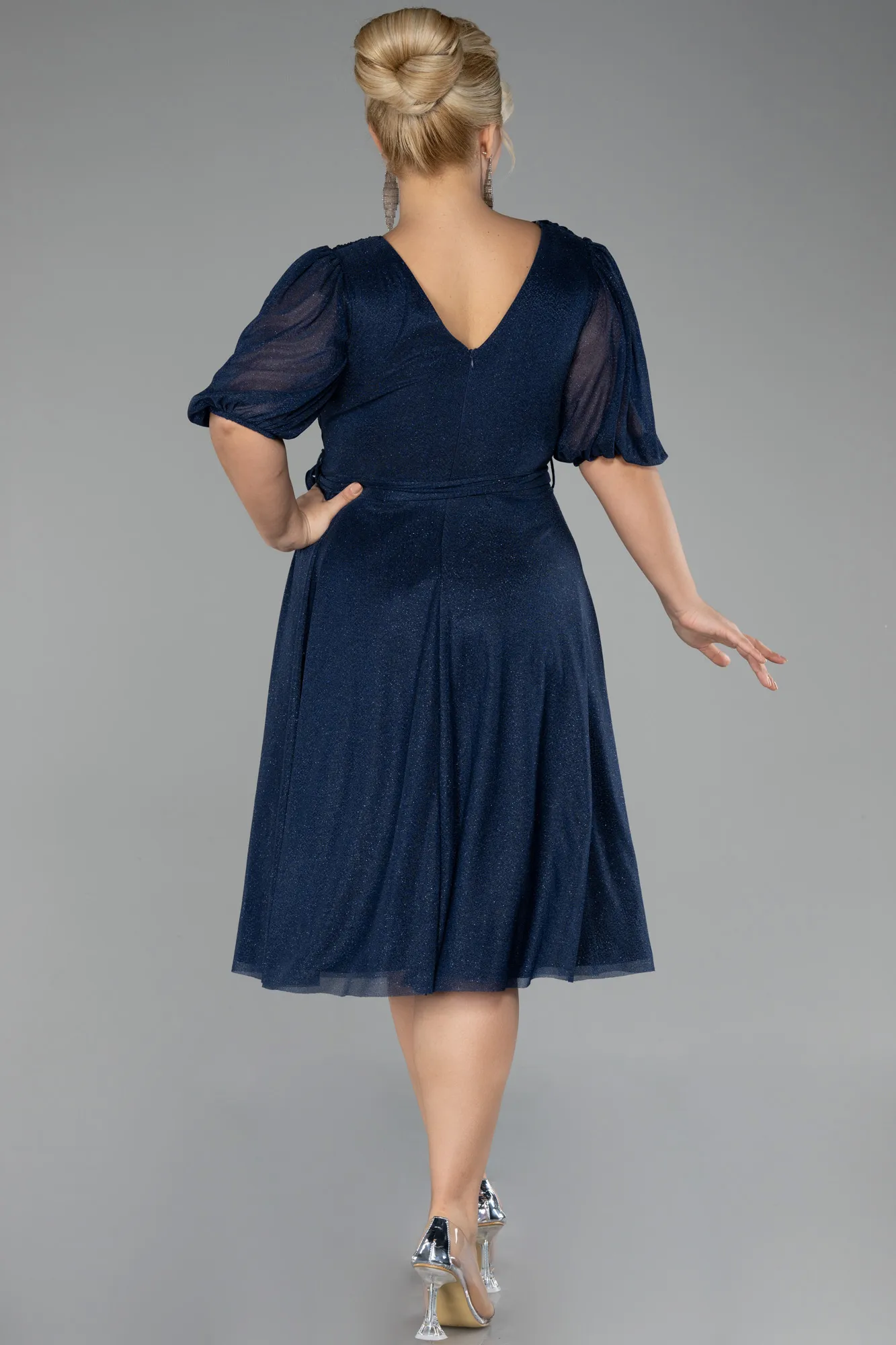 Navy Blue-Short Sleeve Glitter Midi Plus Size Invatation Dress ABK2135