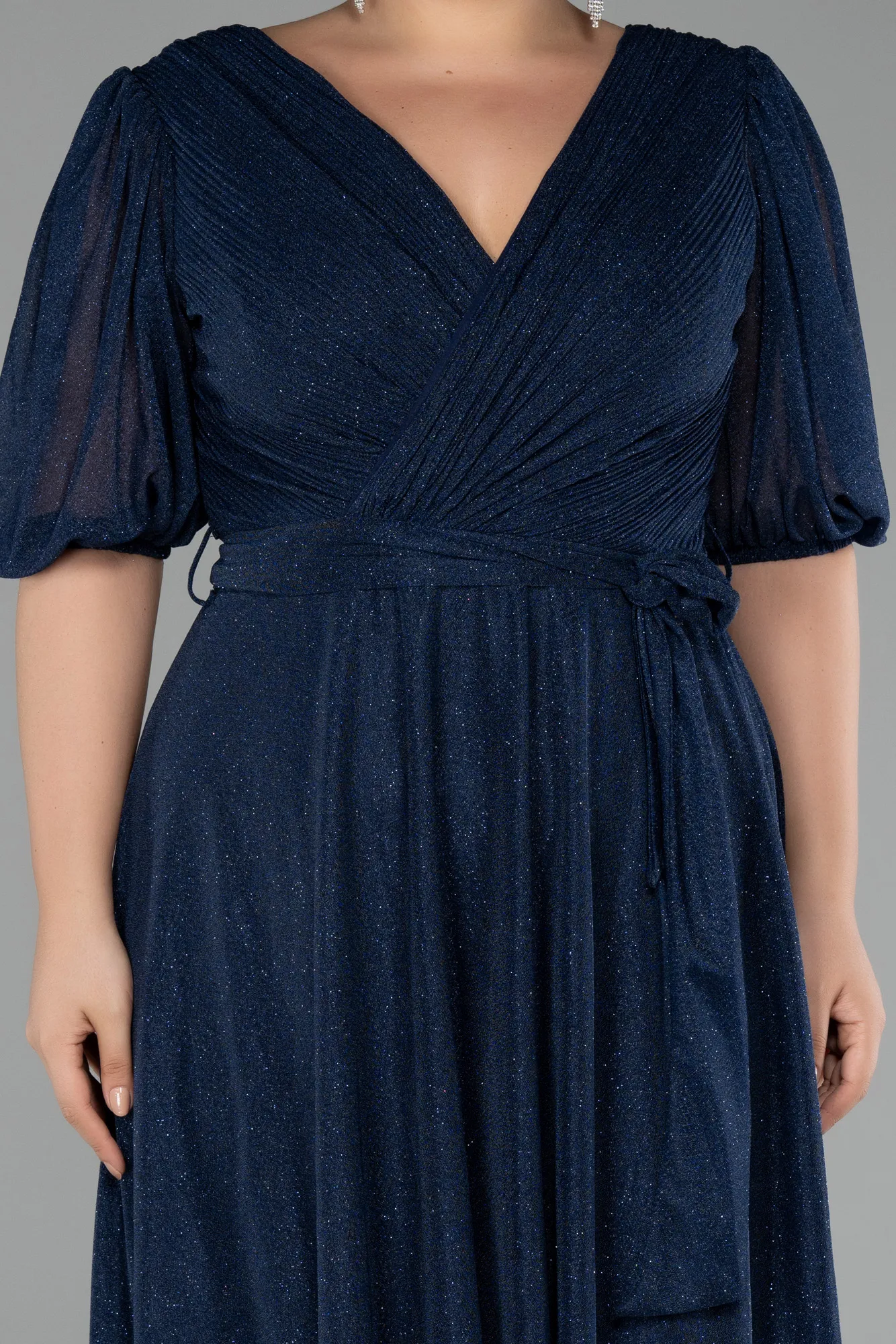Navy Blue-Short Sleeve Glitter Midi Plus Size Invatation Dress ABK2135