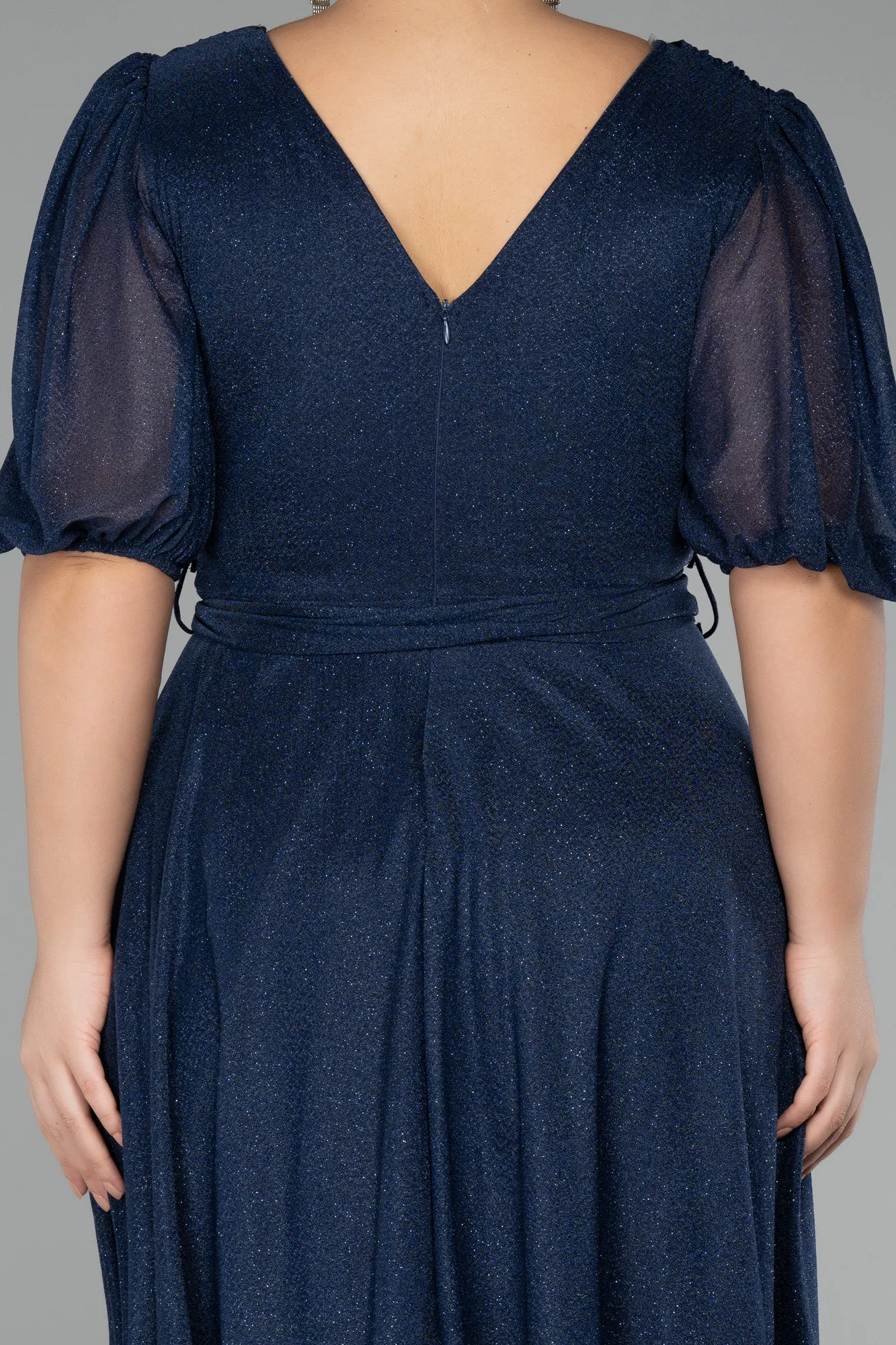 Navy Blue-Short Sleeve Glitter Midi Plus Size Invatation Dress ABK2135