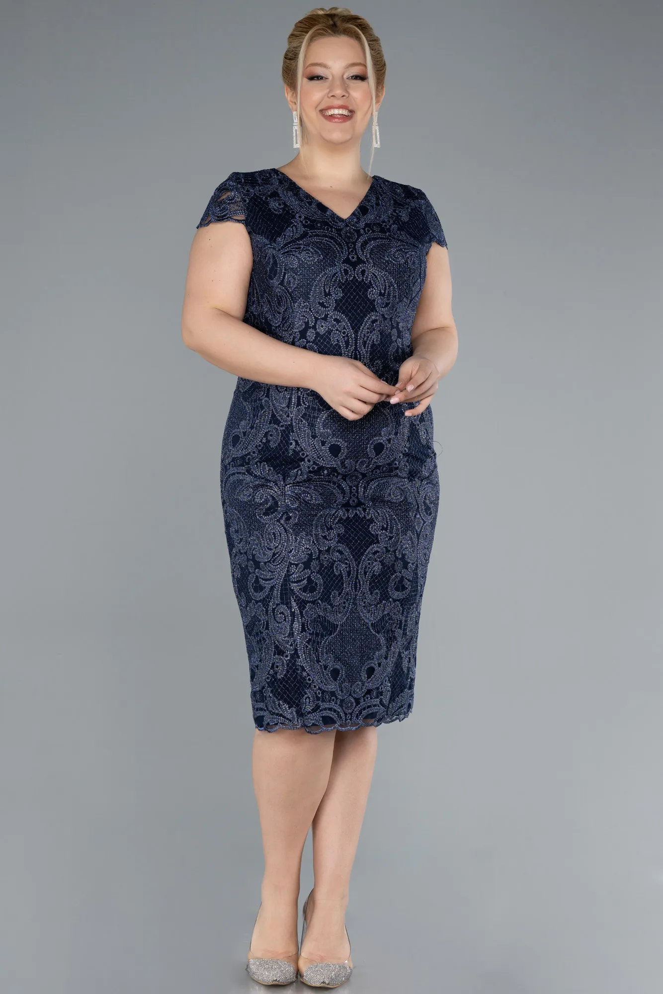 Navy Blue-Short Sleeve Guipure Midi Plus Size Invitation Dress ABK2229