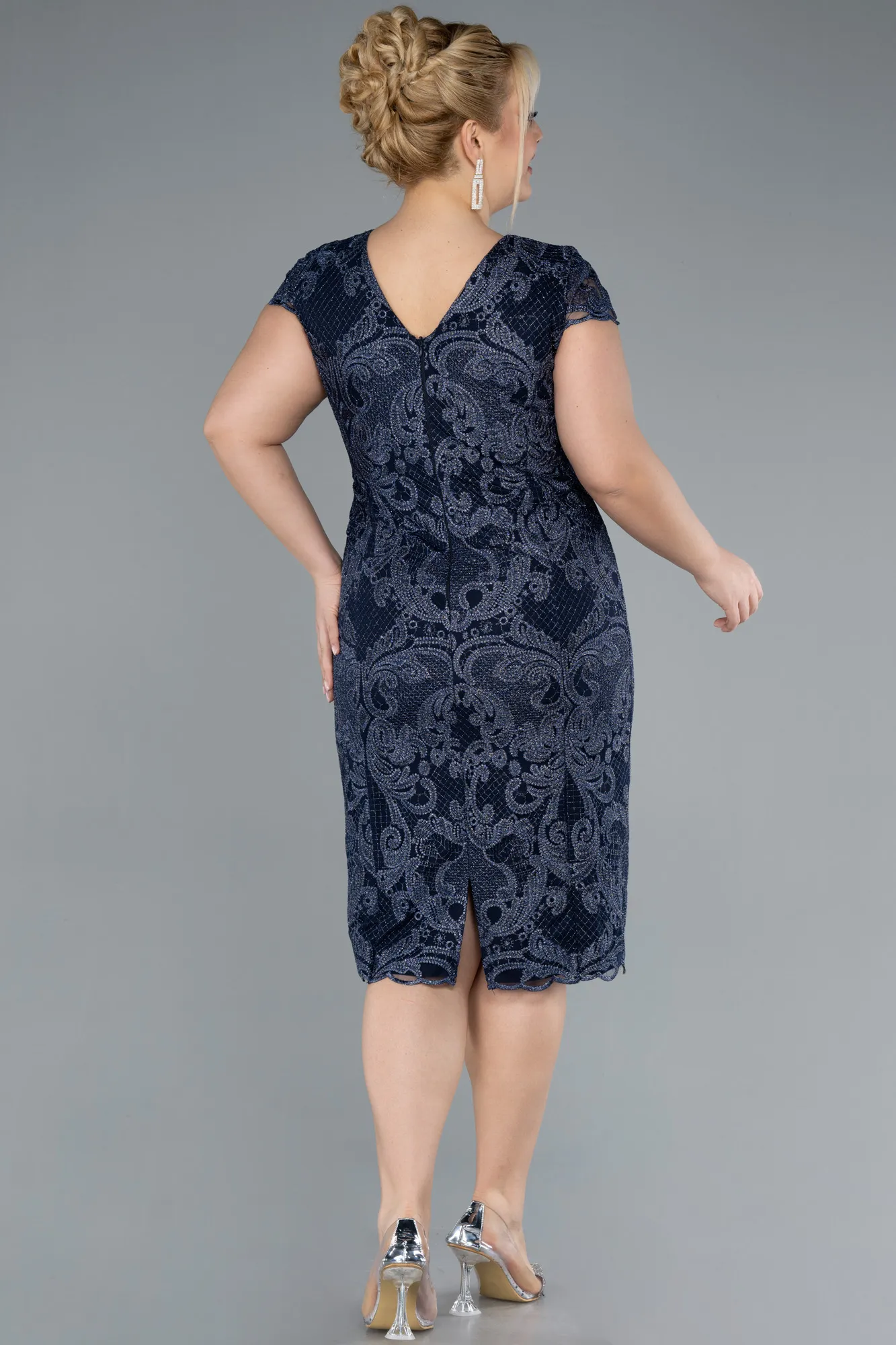 Navy Blue-Short Sleeve Guipure Midi Plus Size Invitation Dress ABK2229