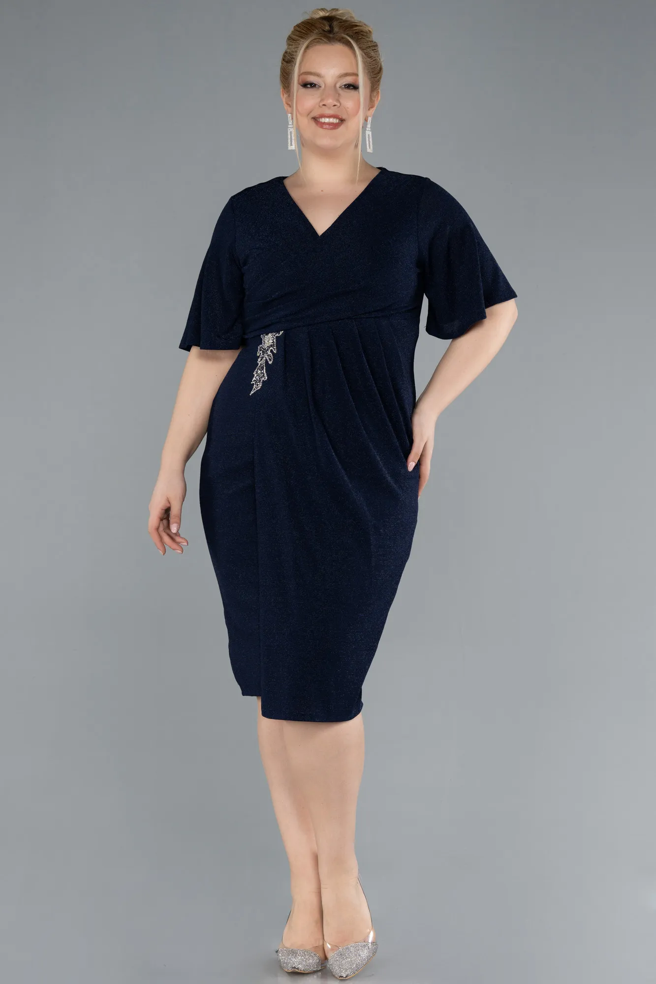 Navy Blue-Short Sleeve Midi Glittery Plus Size Invitation Dress ABK2224