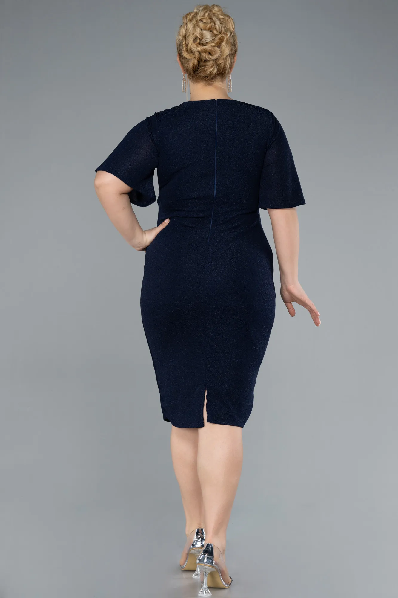 Navy Blue-Short Sleeve Midi Glittery Plus Size Invitation Dress ABK2224