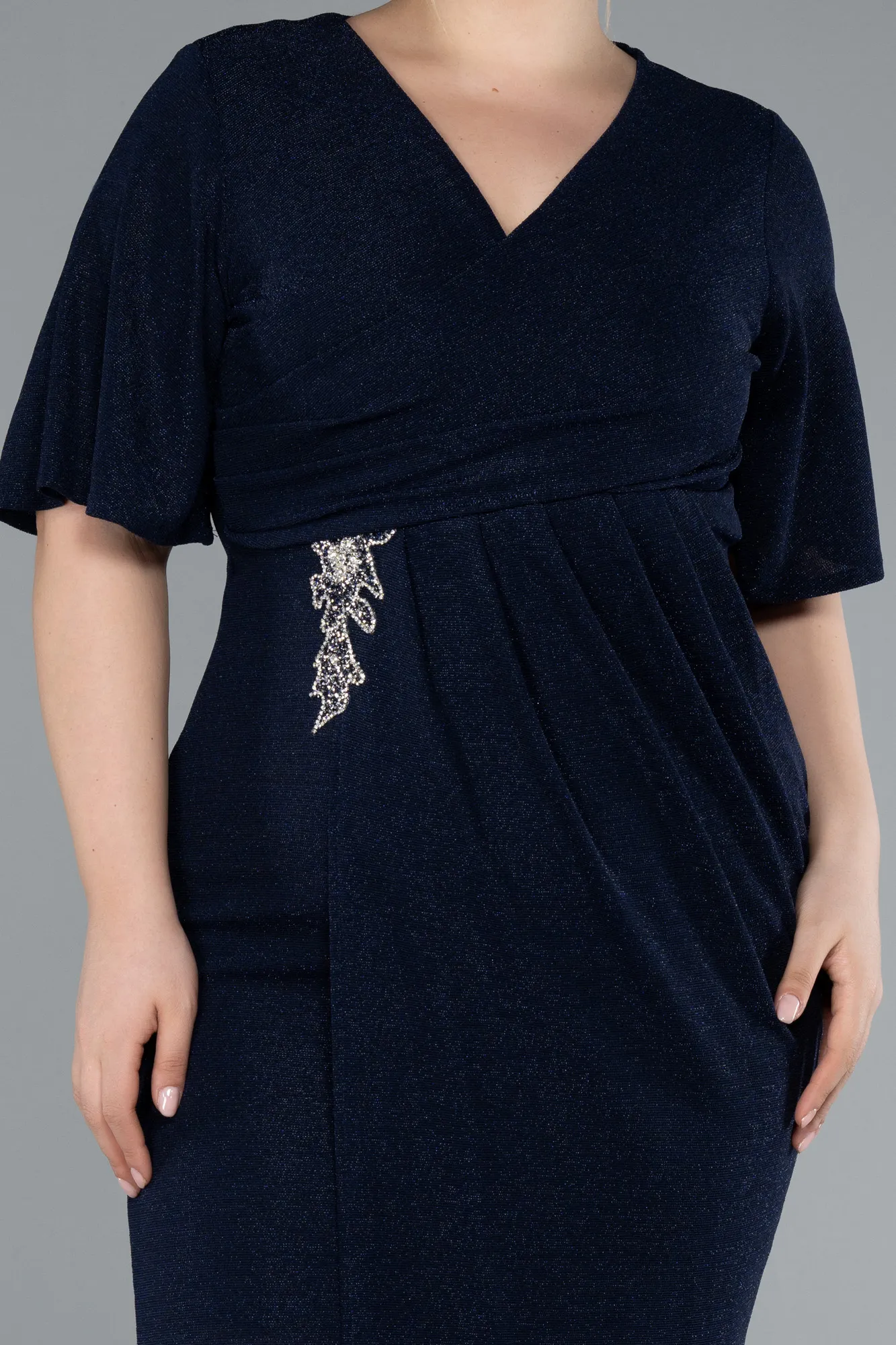 Navy Blue-Short Sleeve Midi Glittery Plus Size Invitation Dress ABK2224
