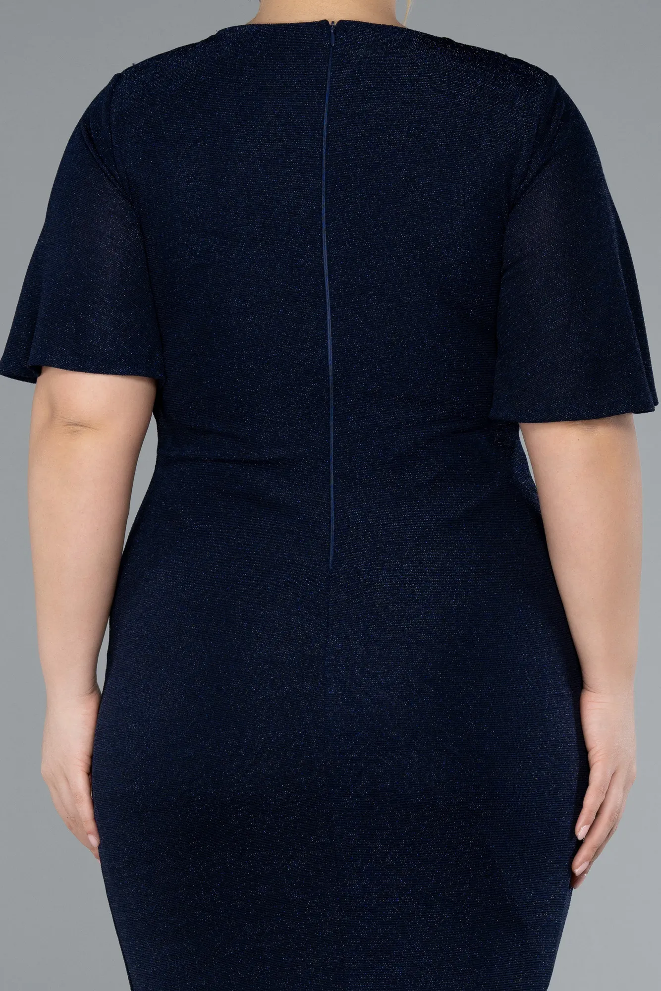 Navy Blue-Short Sleeve Midi Glittery Plus Size Invitation Dress ABK2224